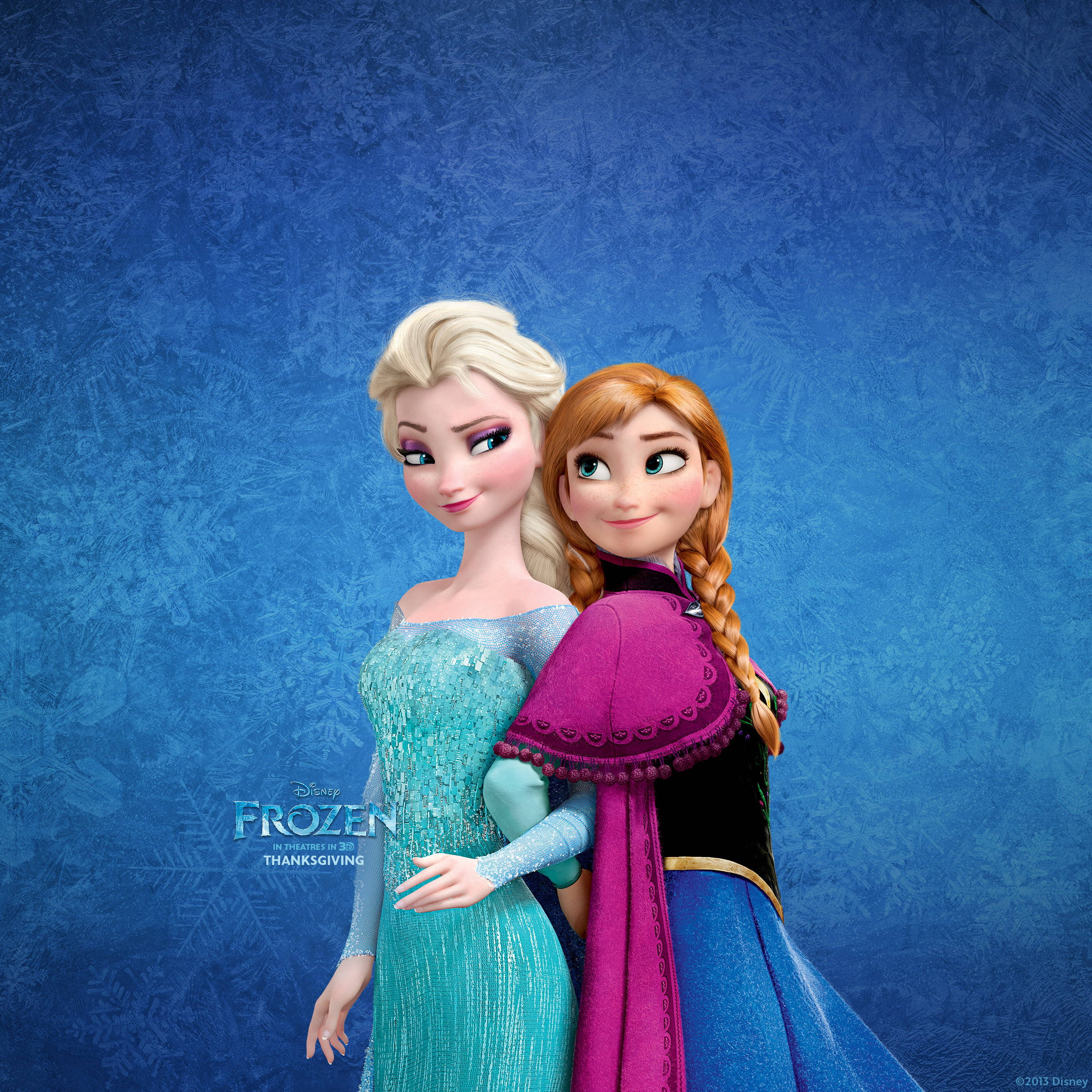 anna 桌布 壁紙 — 《冰雪奇緣》中的艾莎和安娜在帶有雪花圖案的紋理藍色冰背景前緊密地站在一起。