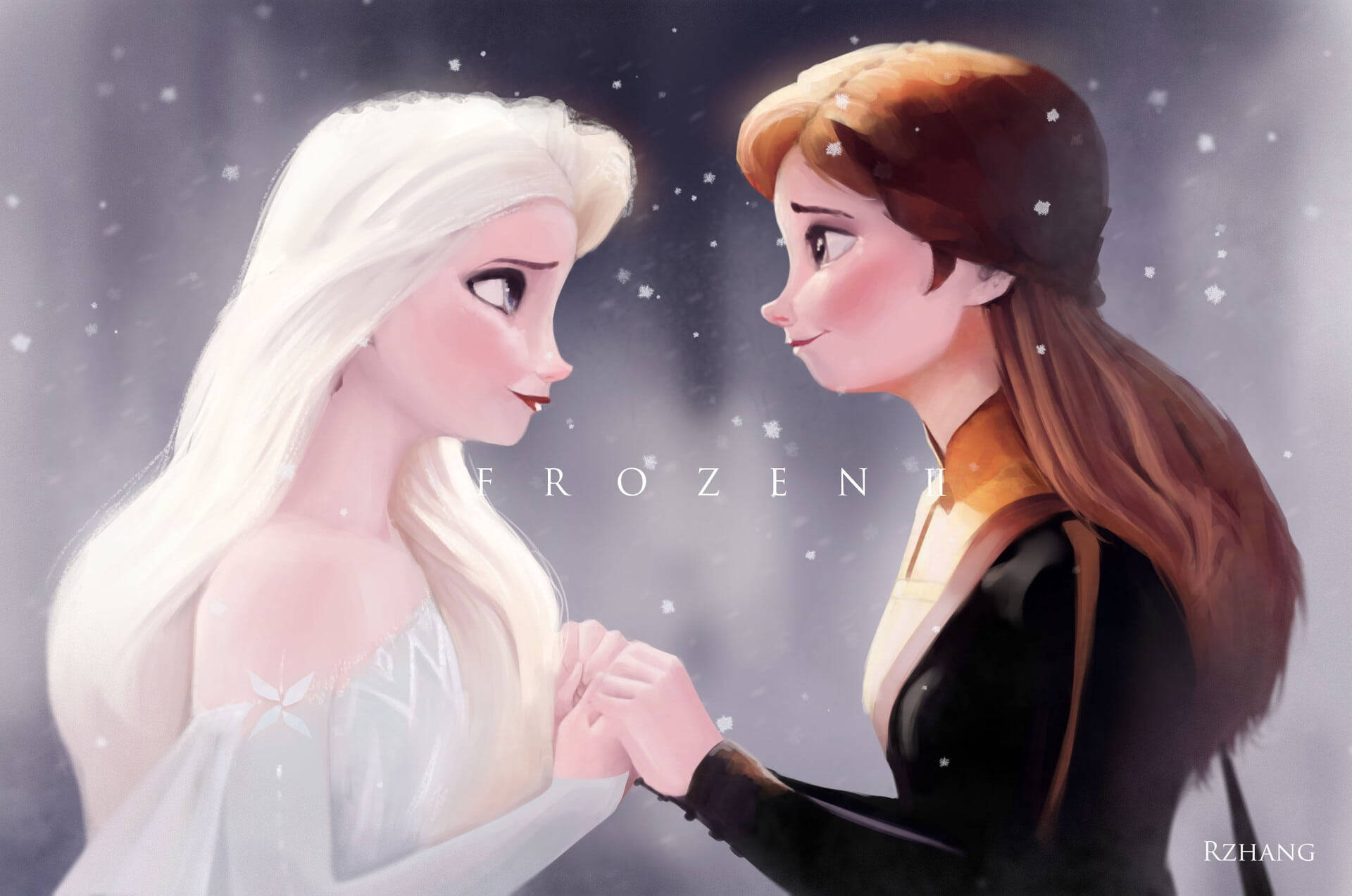 anna 桌布 壁紙 — 《冰雪奇緣》中的艾莎和安娜在雪景中手牽手，柔和光線和飄落的雪花。