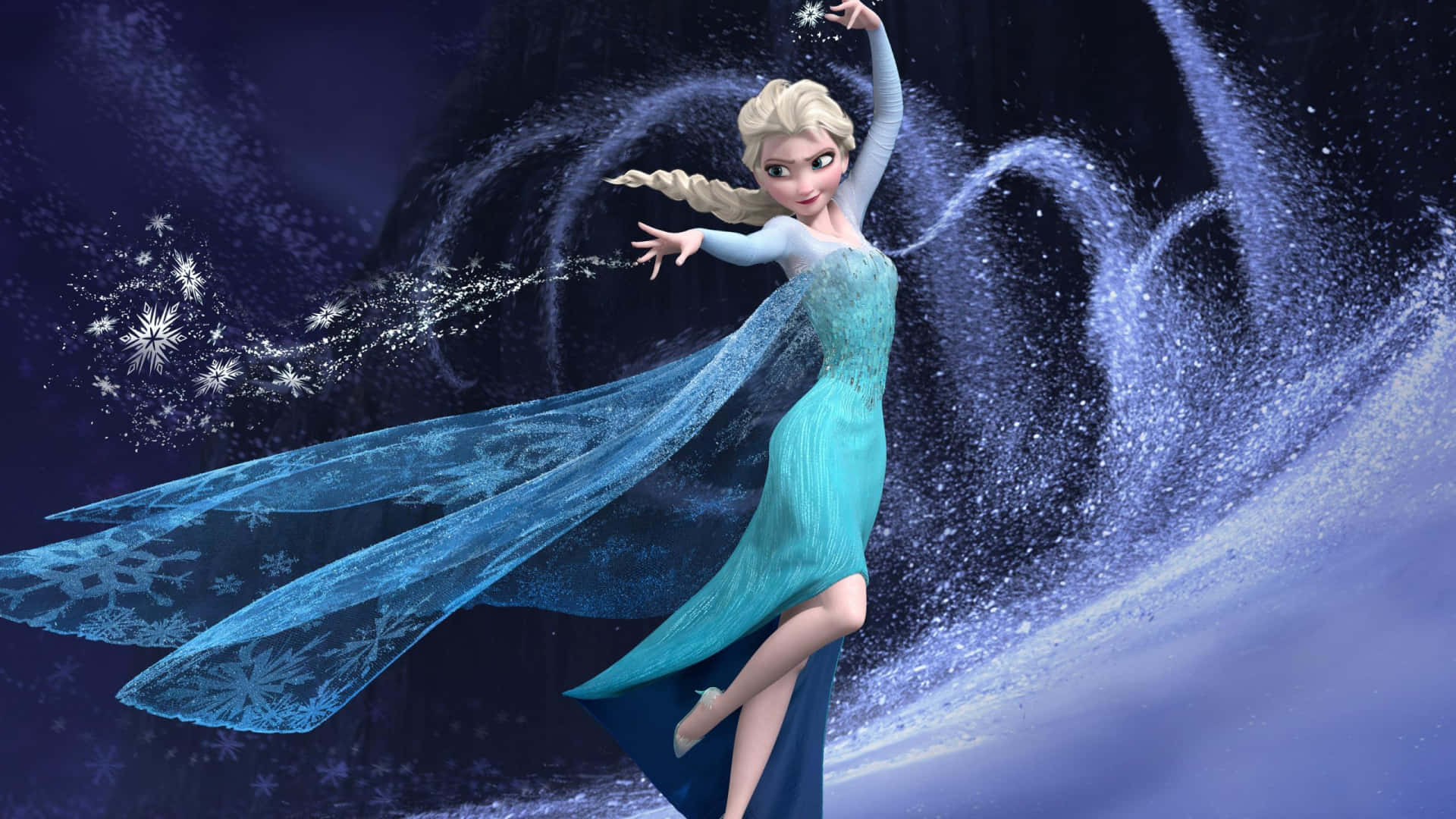 冰雪奇緣 桌布 壁紙 — 《冰雪奇緣》中的艾莎在黑暗的宇宙背景下，優雅地施展冰魔法，雪花圍繞著她飄逸的藍色長裙旋轉。