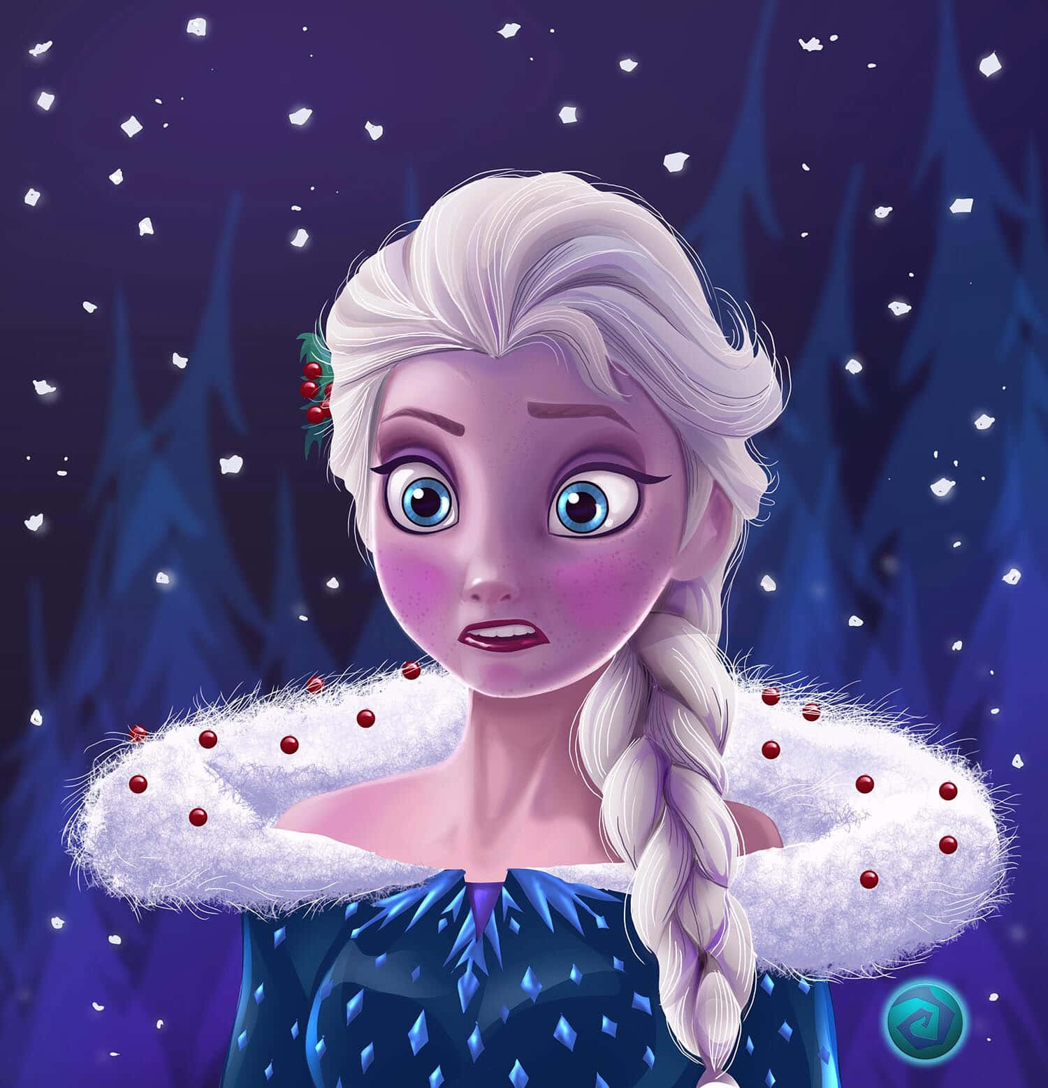 艾莎 桌布 壁紙 — 《冰雪奇緣》中的艾莎夜晚站在雪地森林中，藍色的眼睛因驚訝而睜大，雪花在她周圍飄落。