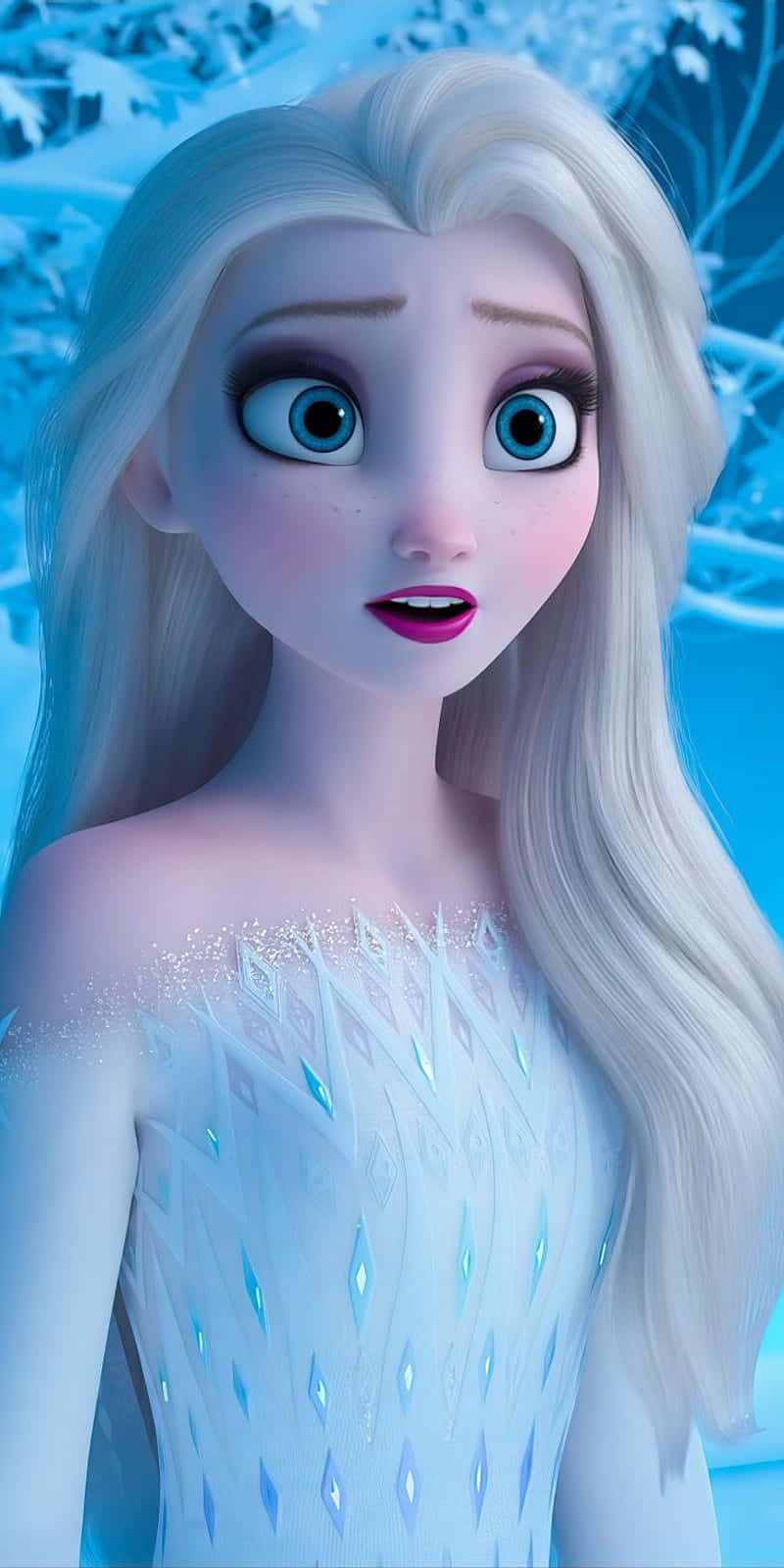 桌布 壁紙 — 《冰雪奇緣》中的艾莎穿著冰裙，在白雪皚皚的藍色冬季場景中睜大眼睛向前凝視。