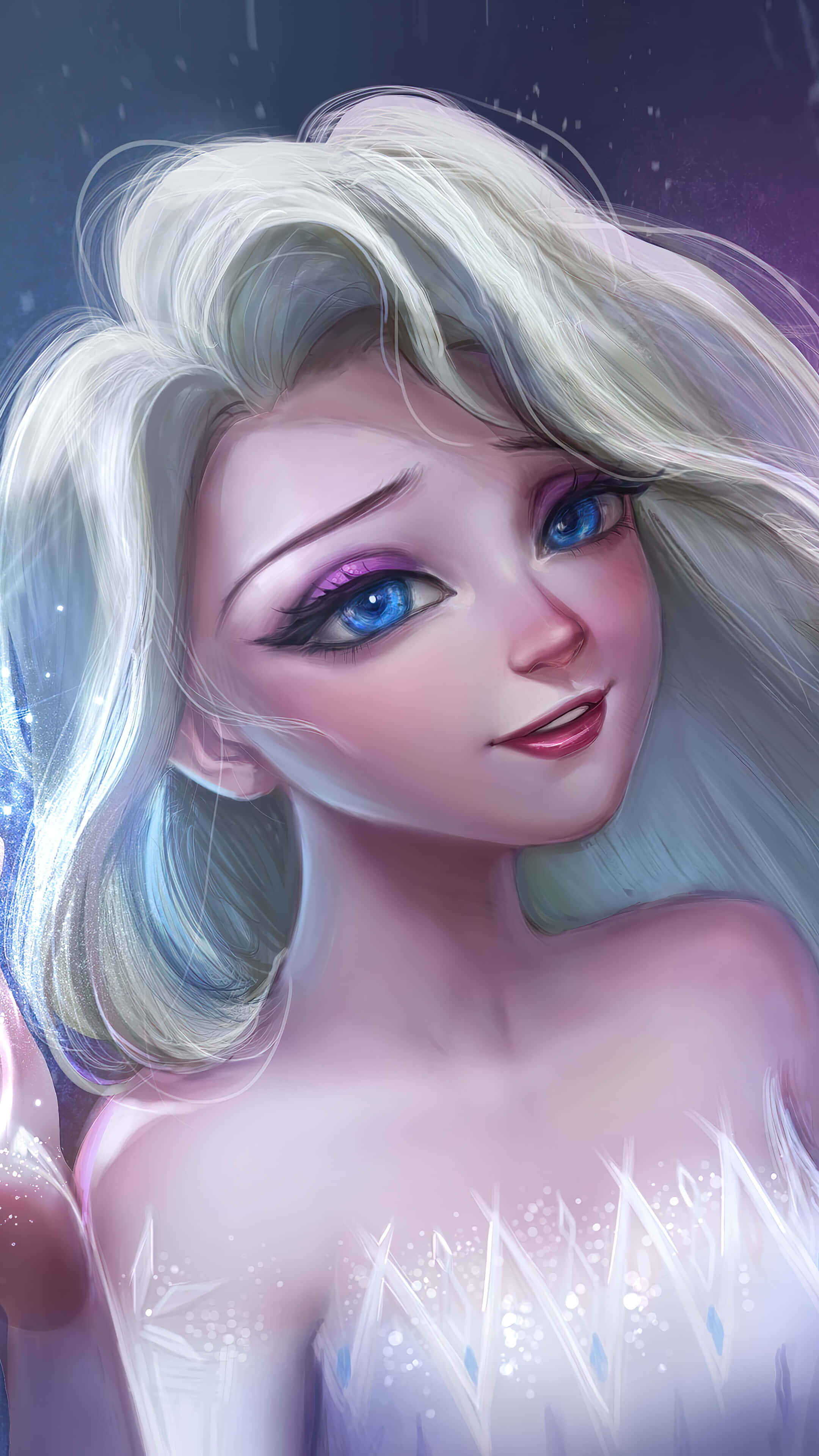 艾莎 桌布 壁紙 — 《冰雪奇緣》中艾莎的近距離肖像，擁有飄逸的白金髮絲和肩上閃耀的冰晶，背景是繁星點點的紫色天空。