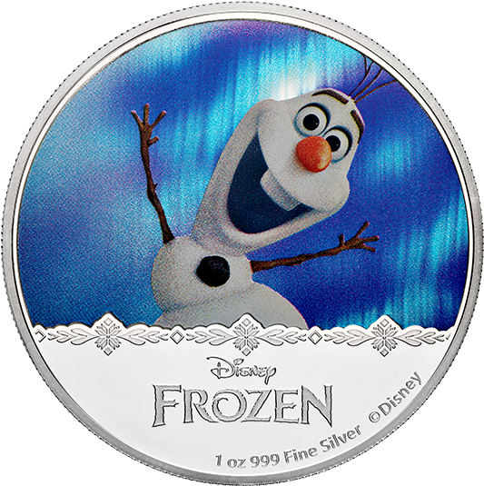 雪寶 桌布 壁紙 — 《冰雪奇緣》中開心的雪人雪寶在銀幣上以鮮豔的藍色北極光為背景微笑。