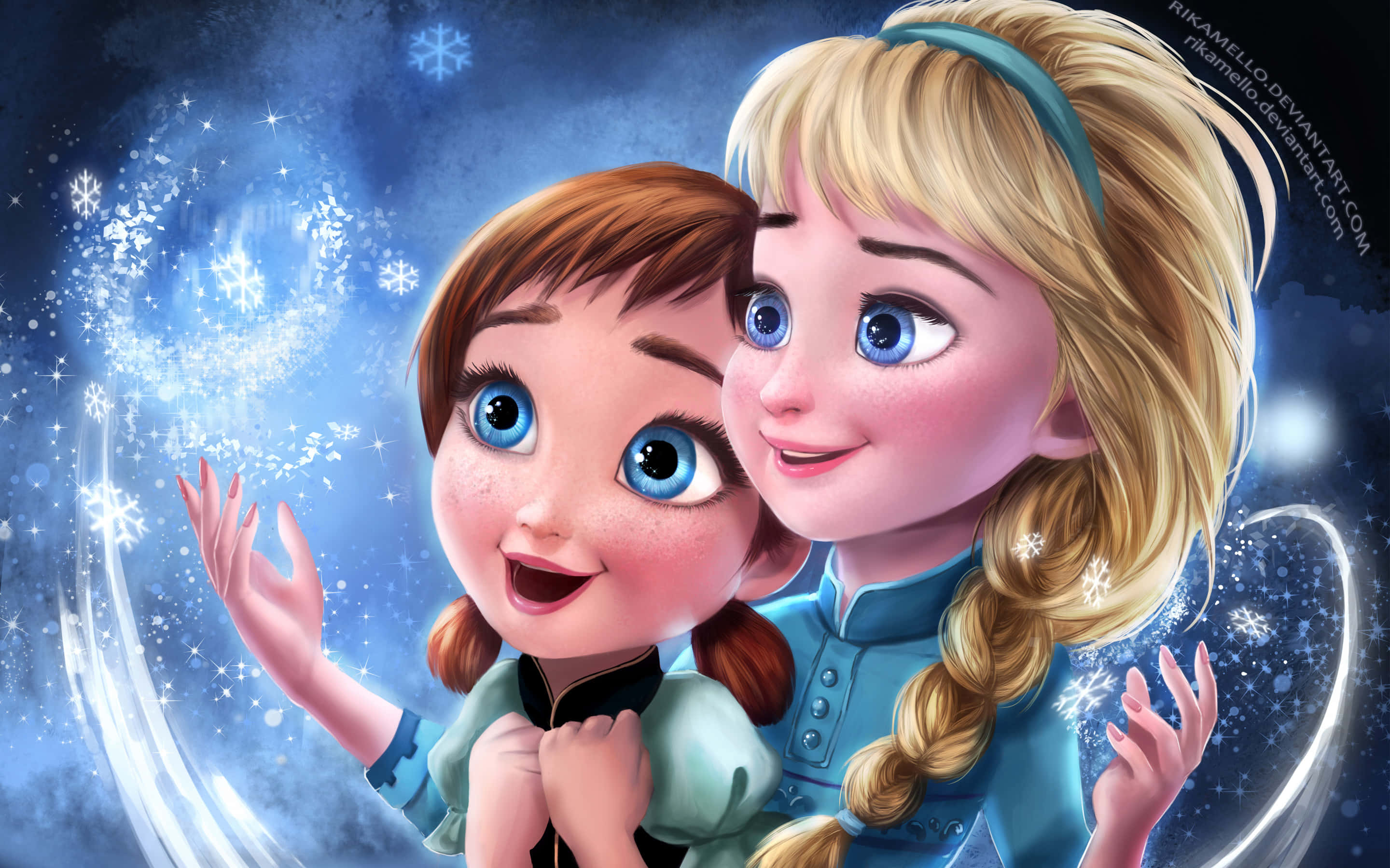 sisters 桌布 壁紙 — 《冰雪奇緣》的安娜和艾莎在神奇的藍色冬日天空中快樂地創造旋轉的雪花。