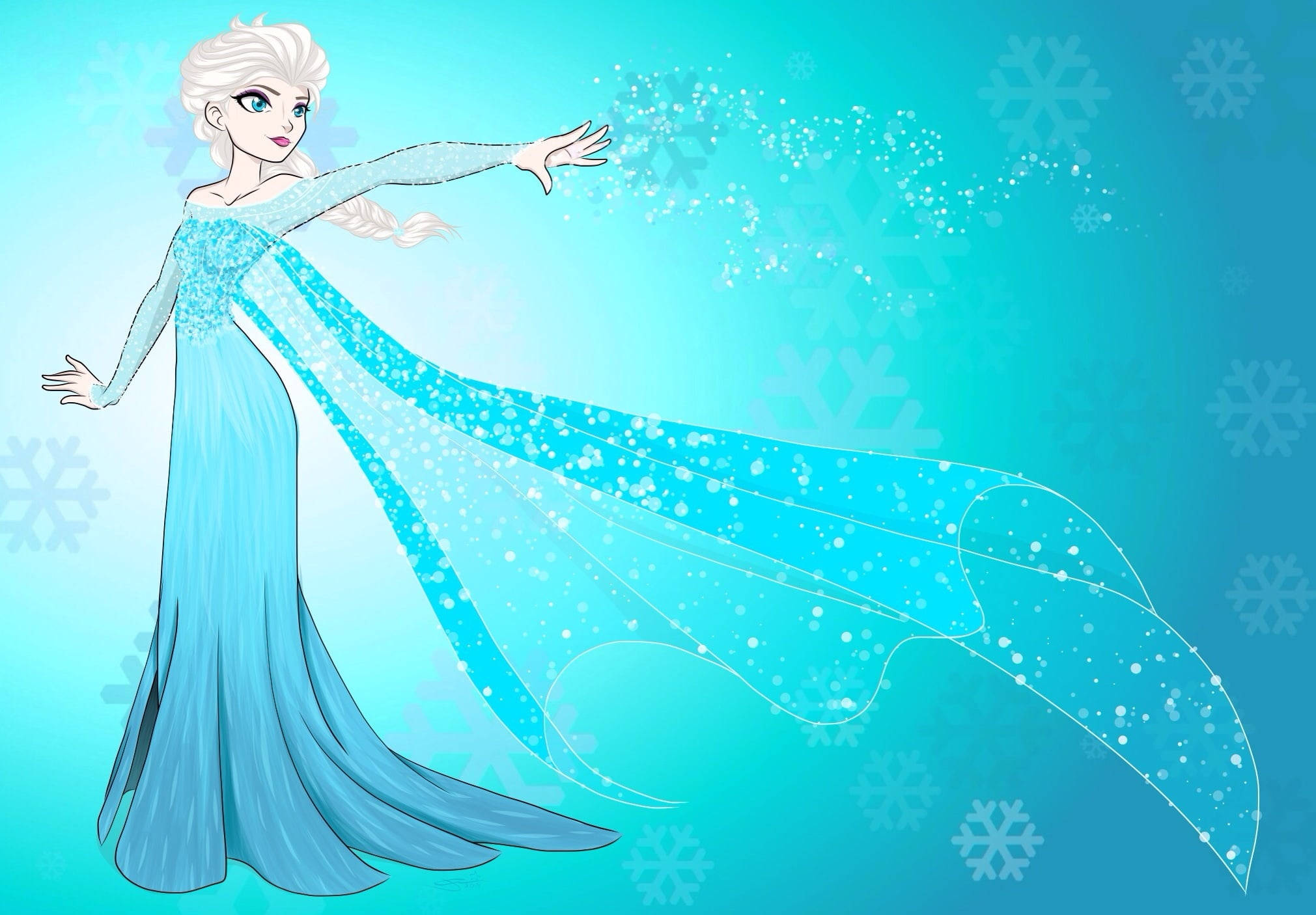 Frozen Elsa 桌布 壁紙 — 《冰雪奇緣》的艾莎伸出手，冰霜雪花在她飄逸的藍色長裙周圍旋轉，背景是漸層的藍綠色。