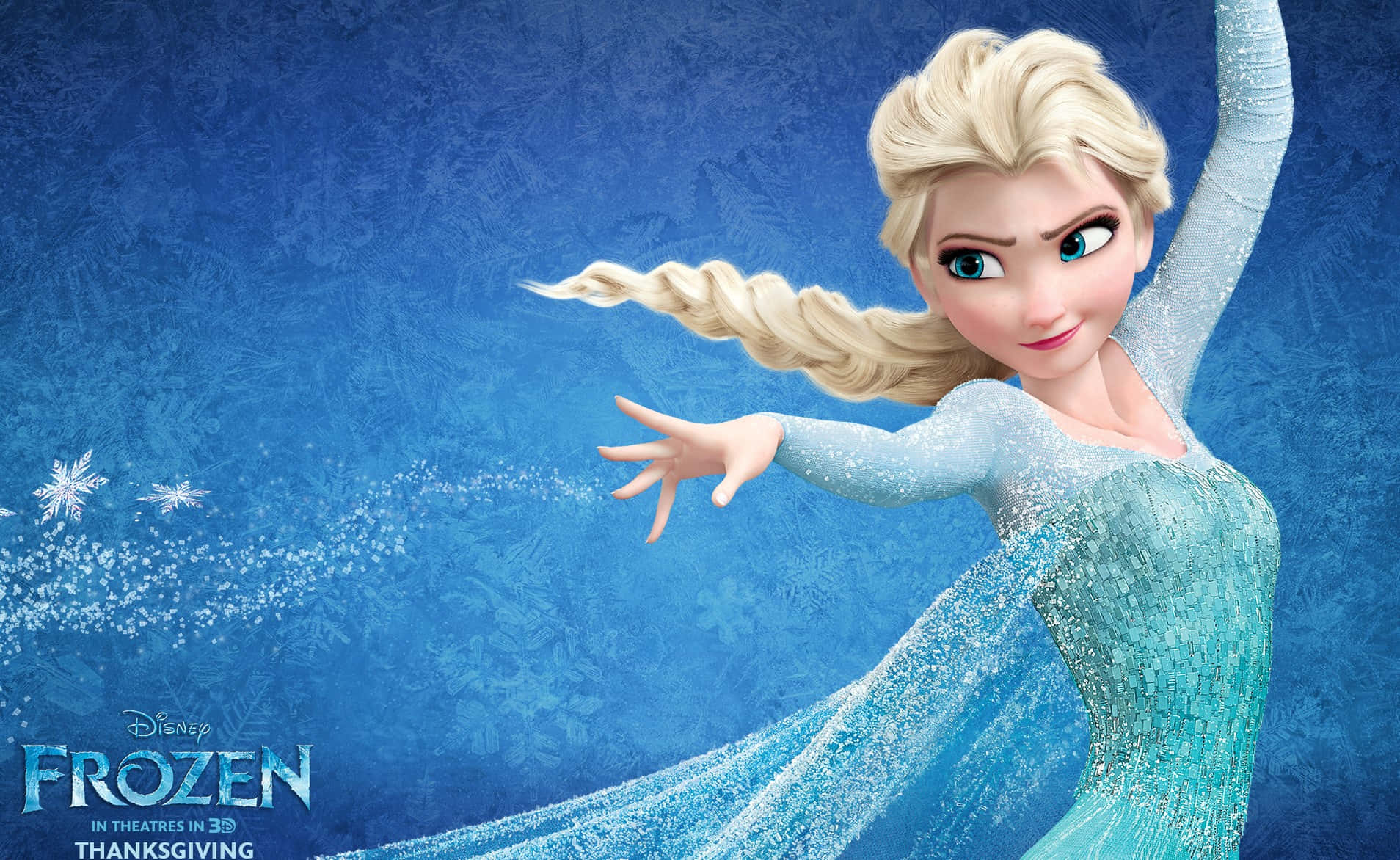 艾莎 桌布 壁紙 — 《冰雪奇緣》的艾莎優雅地伸出手，雪花在她冰藍色長裙周圍旋轉，背景是帶紋理的霜藍色。