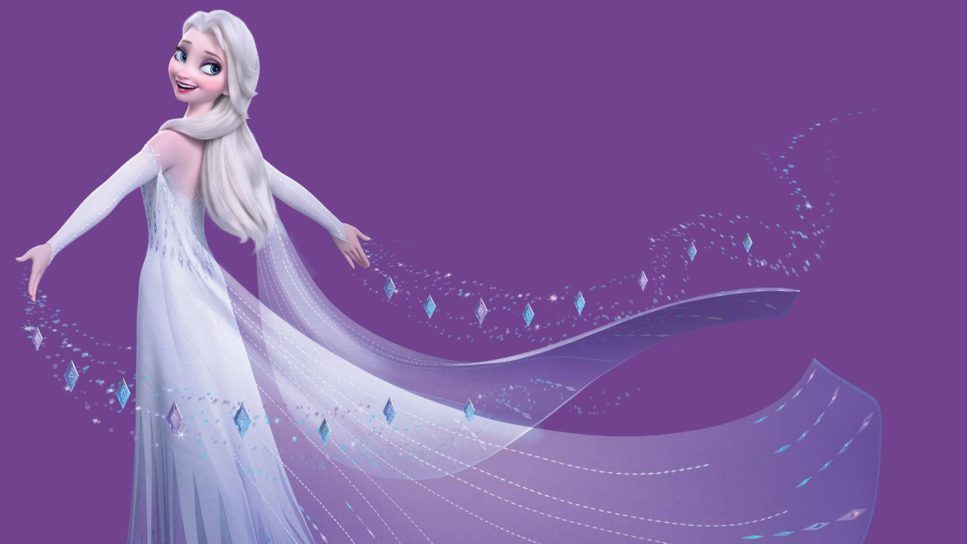 冰雪奇緣2 桌布 壁紙 — 《冰雪奇緣》的艾莎優雅地伸展雙臂，她的冰魔法在鮮豔的紫色背景上閃爍流動。