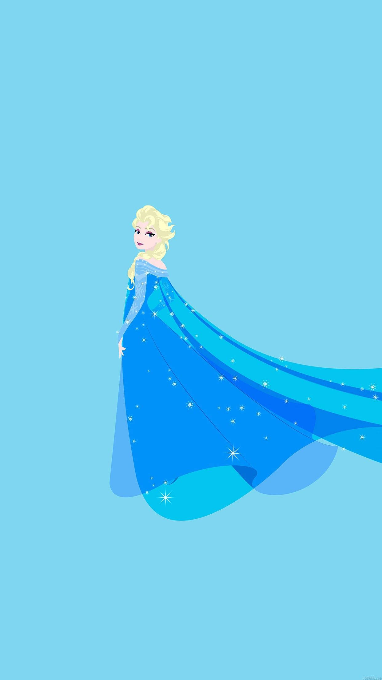 iPhone x cartoon 桌布 壁紙 — 《冰雪奇緣》的艾莎優雅地站立，身穿飾有閃爍星星的飄逸藍色長裙，背景為純淺藍色。