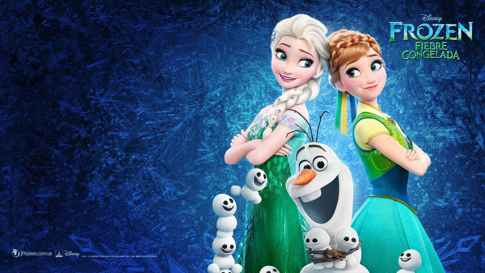 冰雪奇緣2 桌布 壁紙 — 《冰雪奇緣》的艾莎和安娜與雪寶和雪人一起站在閃閃發光的冰藍色背景前微笑。