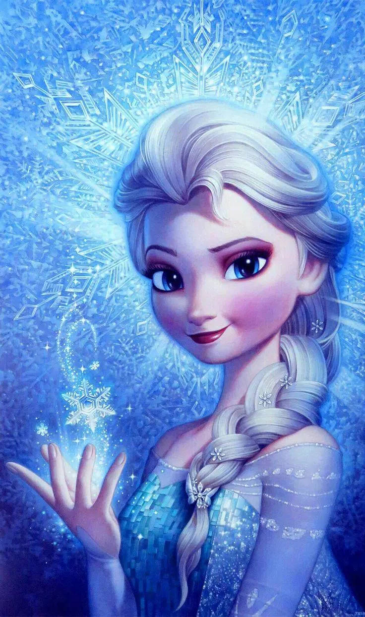 Princess 桌布 壁紙 — 《冰雪奇緣》的艾莎在晶瑩藍色背景前，雪花圍繞她發光的雙手旋轉，她溫柔地微笑。