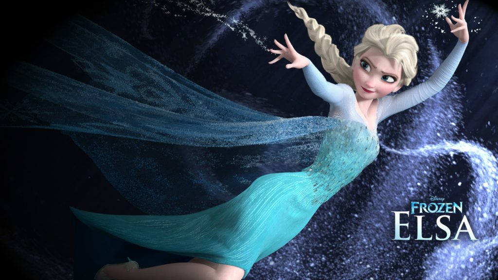 Frozen Elsa 桌布 壁紙 — 《冰雪奇緣》的艾莎在深色宇宙背景下，身穿飄逸的藍綠色長袍優雅漂浮，魔法冰粒在她周圍旋轉。