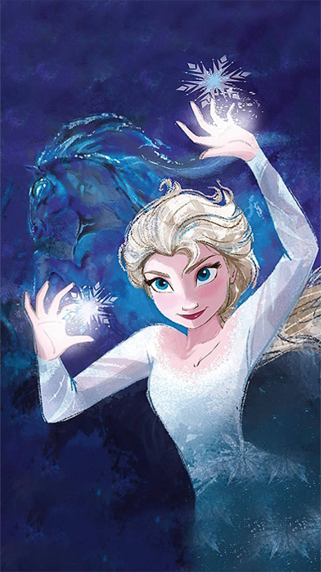 冰雪奇緣2 桌布 壁紙 — 《冰雪奇緣》的艾莎在深藍色神秘背景下揮舞冰魔法，伴隨發光的雪花。