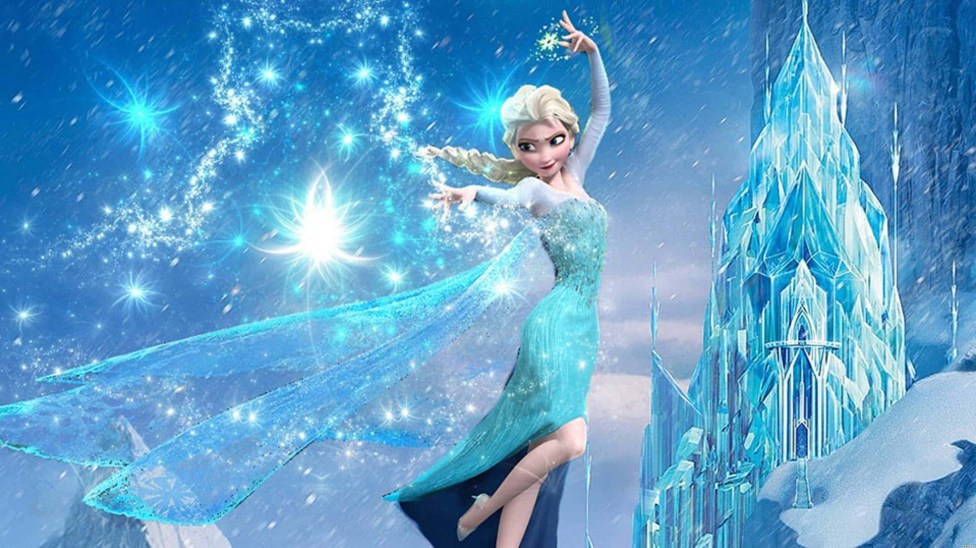 艾莎 桌布 壁紙 — 《冰雪奇緣》的艾莎在繁星點點的藍色冬日天空下，在她閃閃發光的冰城堡旁用冰魔法迷住天空。
