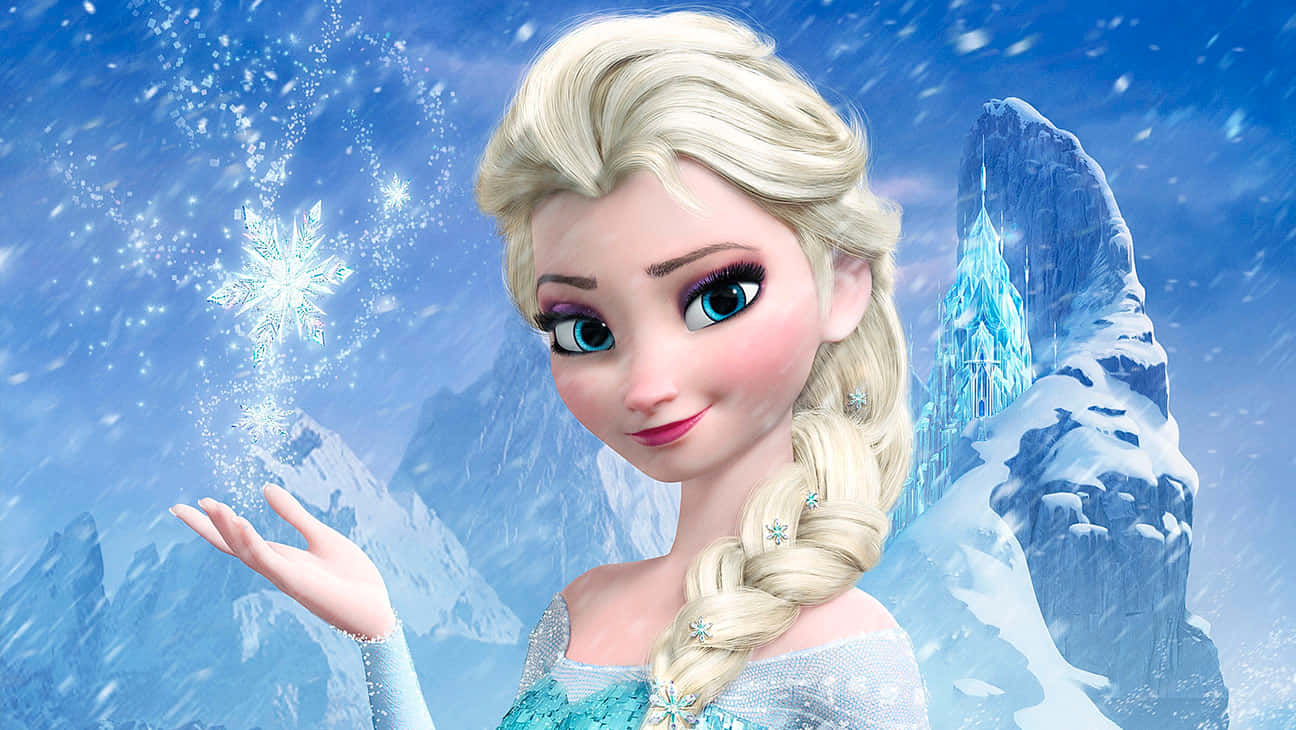 《冰雪奇緣》的艾莎在雪山風景中召喚雪花，背景有冰城堡。 — 冰雪奇緣 GIF 壁紙