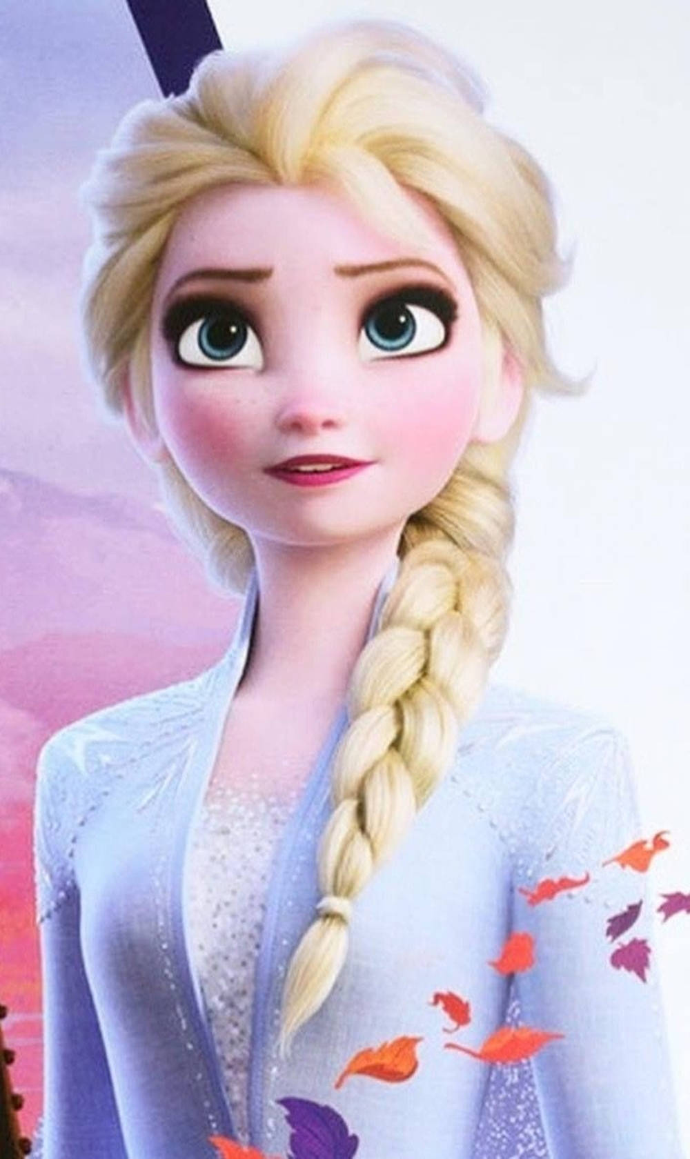 冰雪奇緣2 桌布 壁紙 — 《冰雪奇緣》的艾莎溫柔地凝視著，秋葉在她冰藍色的長裙周圍旋轉。