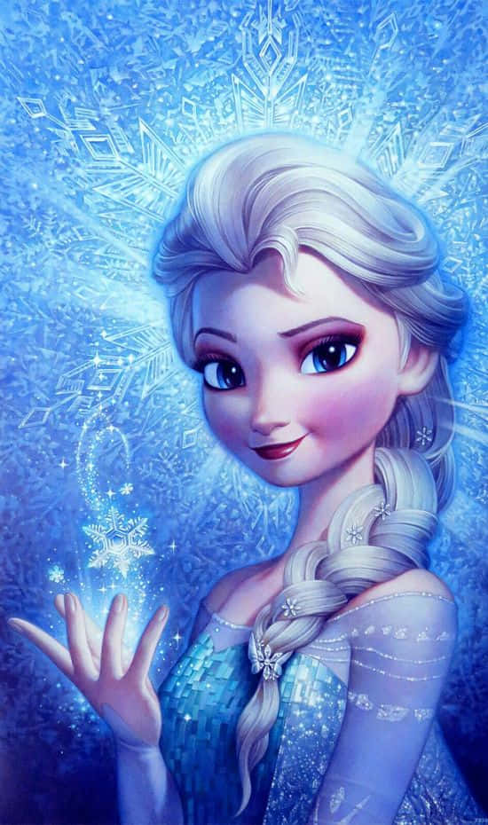冰雪奇緣2 桌布 壁紙 — 《冰雪奇緣》的艾莎溫柔地微笑，雪花在她冰藍色長裙和辮子周圍旋轉。
