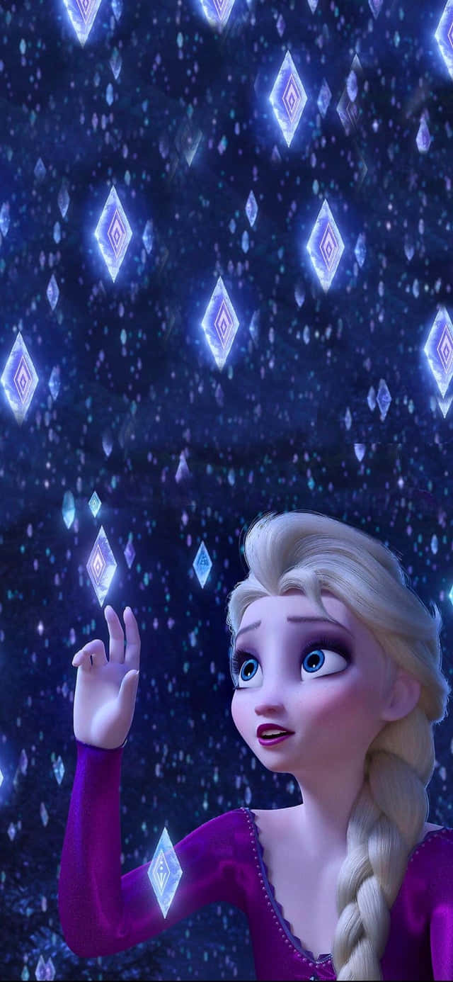 桌布 壁紙 — 《冰雪奇緣》的艾莎穿著紫色長裙，在漆黑的星空下漂浮著發光的冰鑽石。