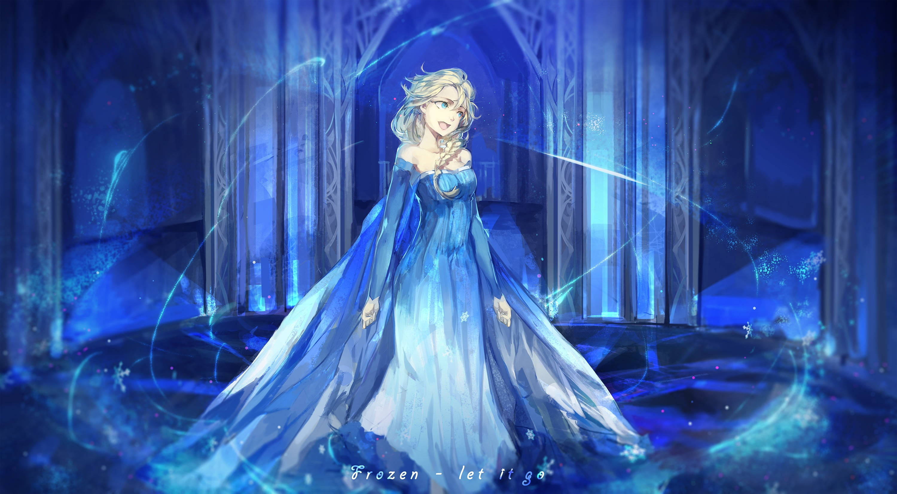 Frozen Elsa 桌布 壁紙 — 《冰雪奇緣》的艾莎站在宏偉的冰城堡中，身穿飄逸的藍色長袍，魔法冰能量在她周圍旋轉。