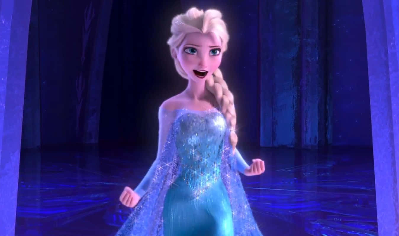 艾莎穿著冰裙在魔法冰凍宮殿中微笑。 — 冰雪奇緣 GIF 壁紙