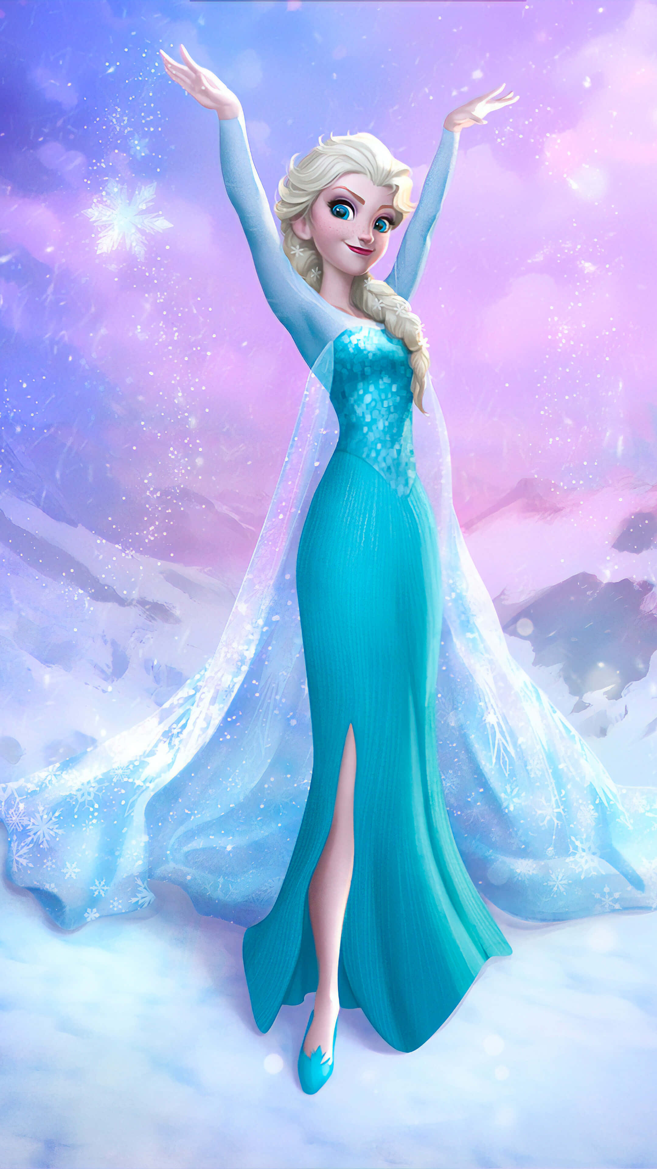 艾莎 桌布 壁紙 — 《冰雪奇緣》的艾莎站在雪景中，舉起雙臂，魔法雪花在她閃閃發光的藍色長裙周圍旋轉。