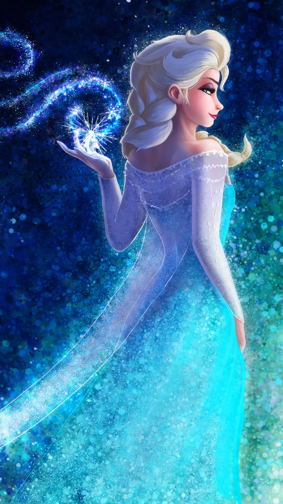 桌布 壁紙 — 《冰雪奇緣》的艾莎身穿閃爍藍色長裙，在閃耀的宇宙背景下施展冰魔法。
