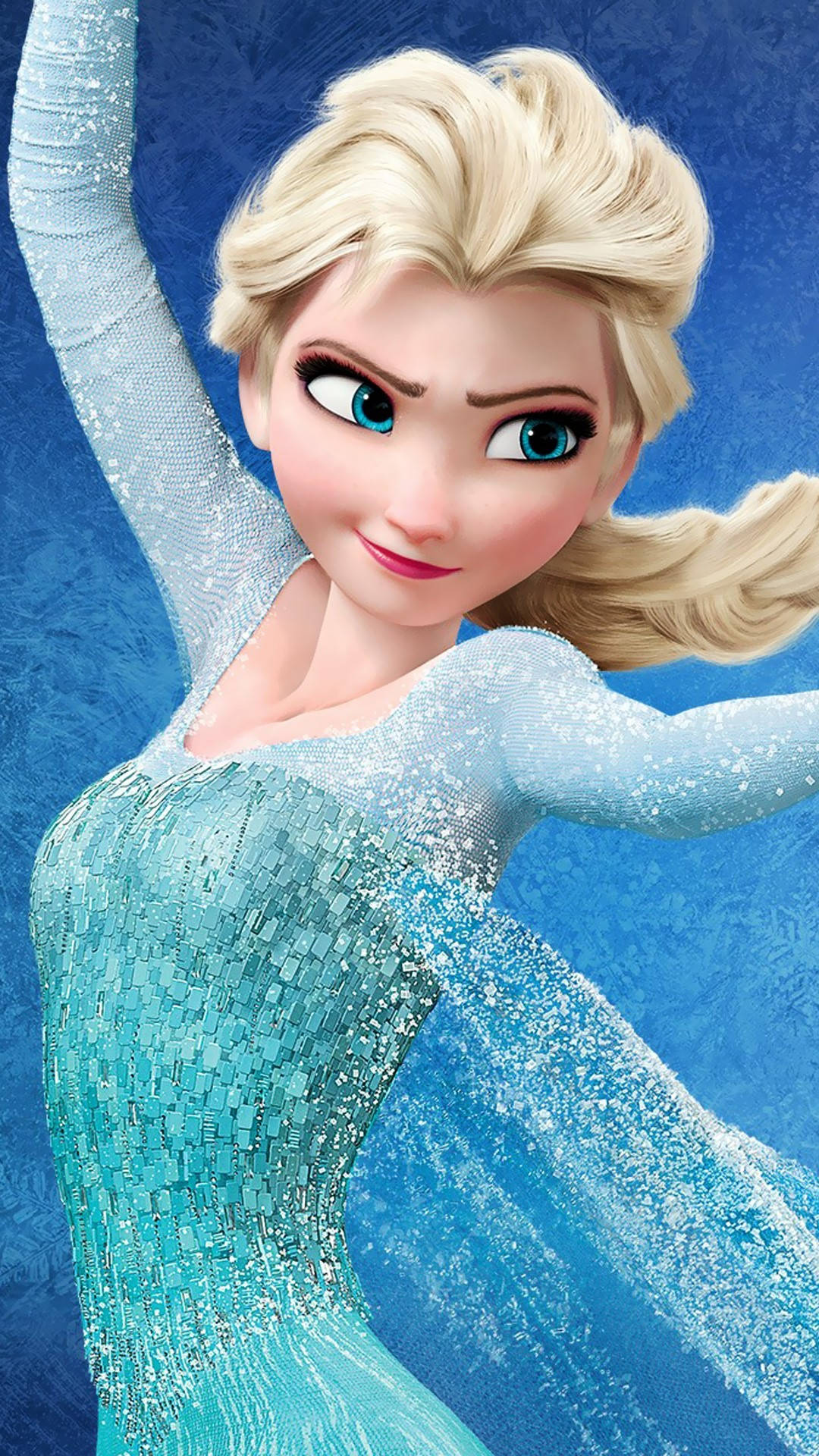 Elsa 桌布 壁紙 — 《冰雪奇緣》的艾莎身穿閃閃發光的冰藍色長裙，在帶有紋理的藍色背景前擺出優雅的姿勢。