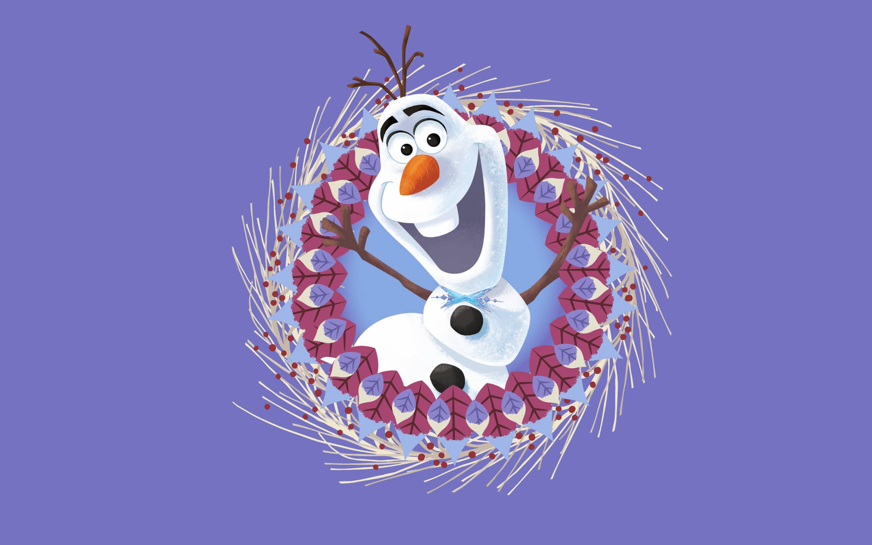 Olaf 桌布 壁紙 — 《冰雪奇緣》的雪寶在純紫色背景上，於節日冬季花環內開心微笑。