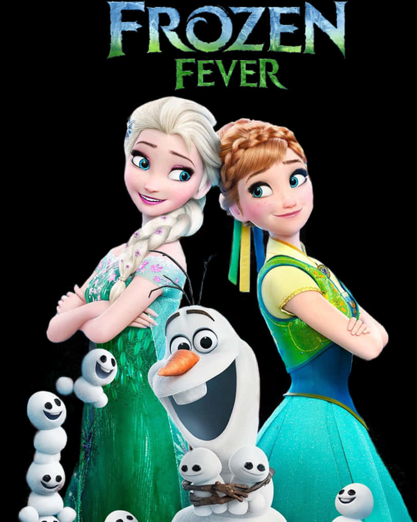 艾莎 桌布 壁紙 — 《冰雪奇緣：驚喜連連》中的艾莎和安娜與雪寶和雪人站在黑色背景前微笑。
