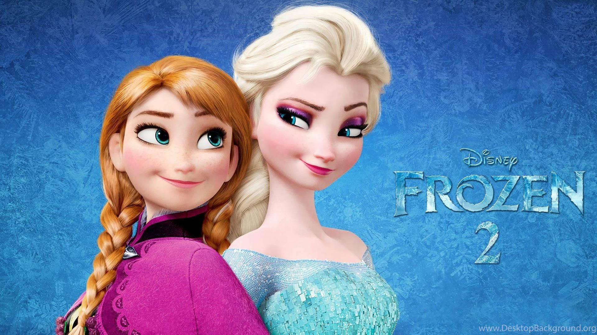 冰雪奇緣2 桌布 壁紙 — 《冰雪奇緣2》的安娜和艾莎在帶有紋理的冰藍色背景上緊密地站在一起，電影標題清晰可見。
