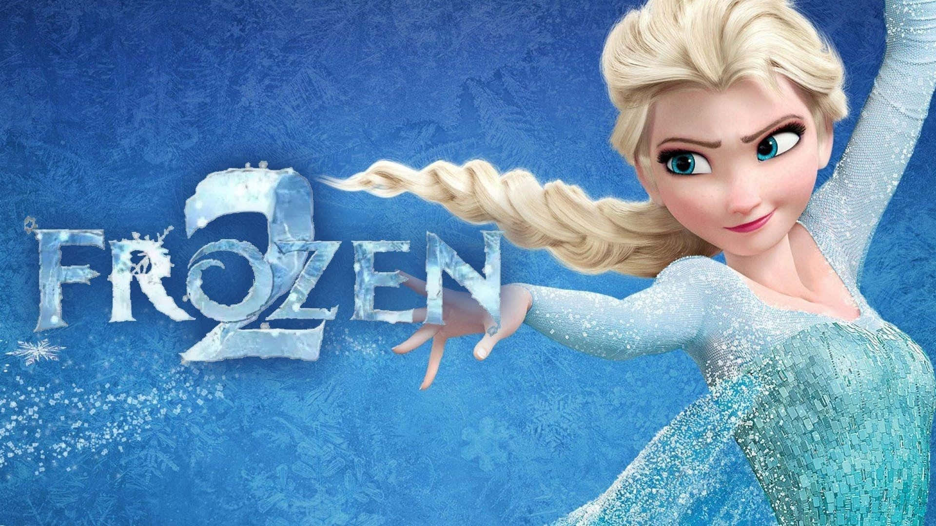 冰雪奇緣2 桌布 壁紙 — 《冰雪奇緣2》的艾莎伸出手，冰魔法在她周圍旋轉，背景是冰冷的藍色。