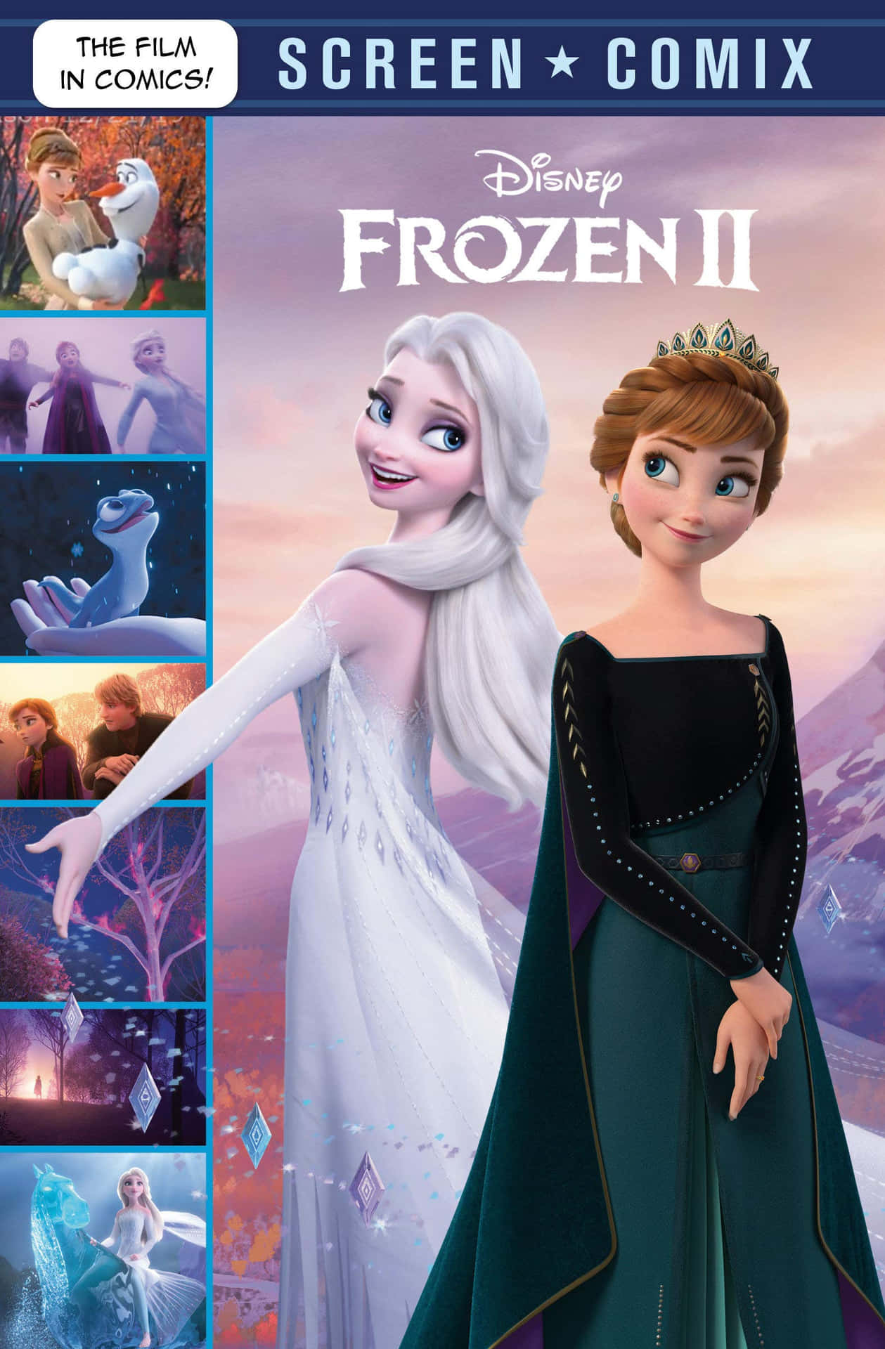 《冰雪奇緣2》的艾莎和安娜在漫畫書封面上，帶有神奇的雪景。 — 冰雪奇緣 GIF 壁紙
