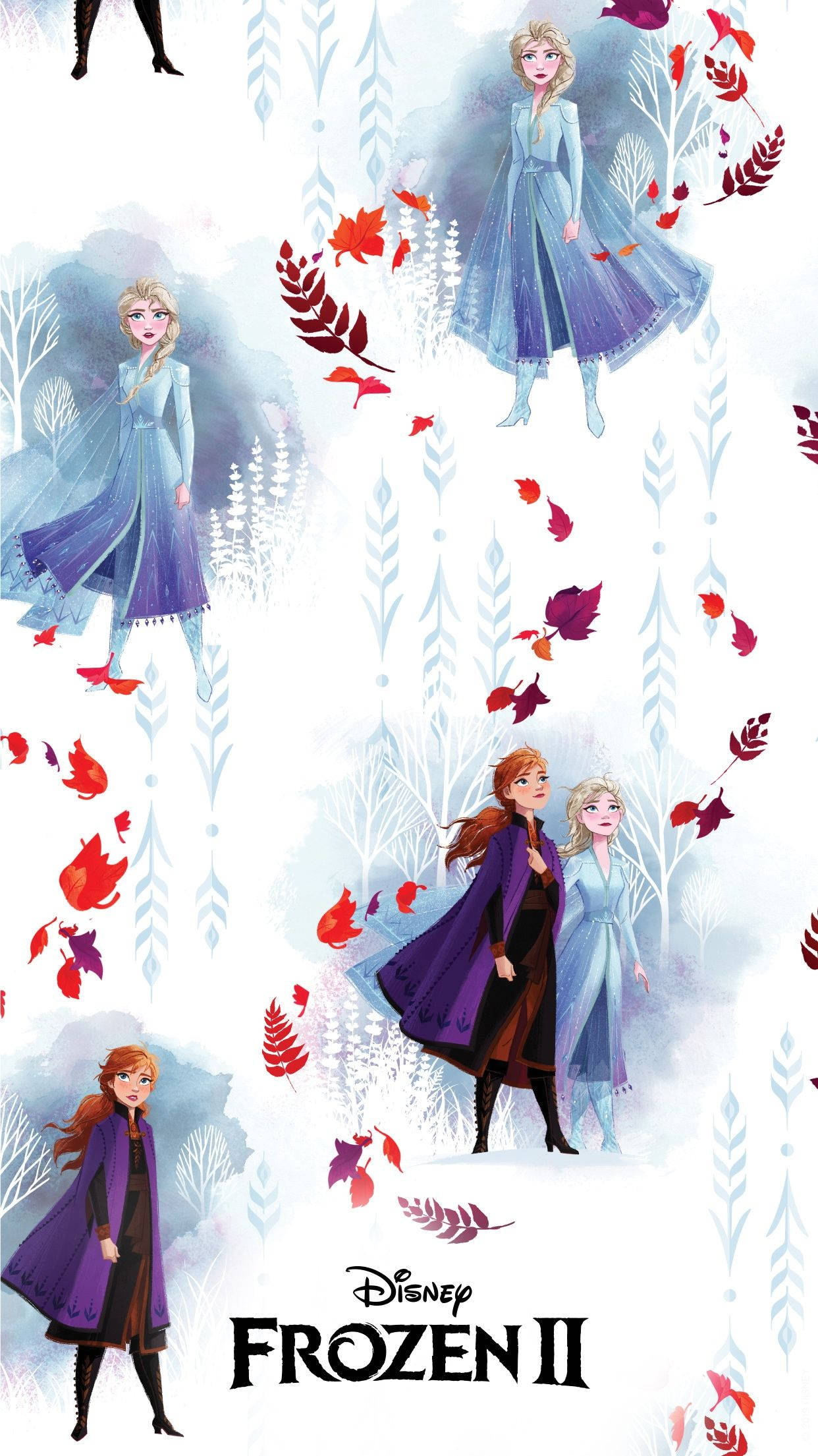 冰雪奇緣2 桌布 壁紙 — 《冰雪奇緣2》的艾莎和安娜漂浮在飄落的秋葉和風格化的冬季樹木之間，構成一個夢幻的插圖場景。
