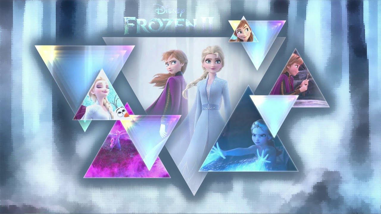 冰雪奇緣2 桌布 壁紙 — 冰雪奇緣2角色在神秘冰背景上以發光三角形框架出現，帶有魔法光效。