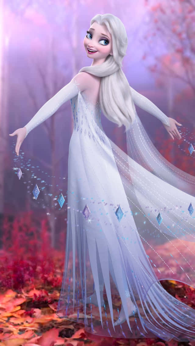 迪士尼 桌布 壁紙 — 冰雪奇緣的艾莎穿著閃閃發光的冰裙，在充滿活力的秋日森林中跳舞，落葉紛飛。