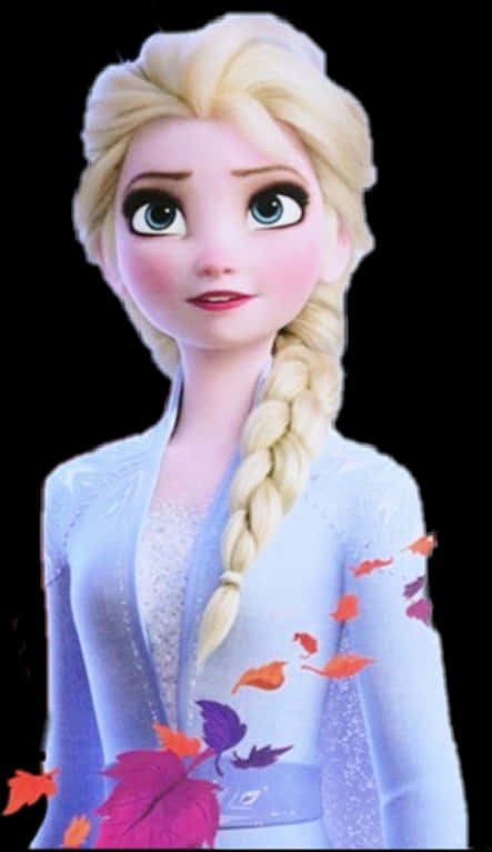 艾莎 桌布 壁紙 — 冰雪奇緣的艾莎站在黑色背景前，秋葉環繞著她冰藍色的長袍旋轉。