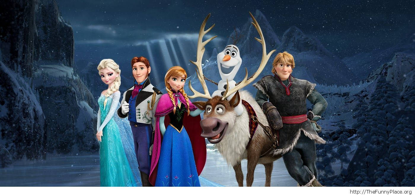 冰雪奇緣 桌布 壁紙 — 冰雪奇緣角色 Elsa Anna Kristoff Olaf 和 Sven 一起站在星空下的雪山景觀中。