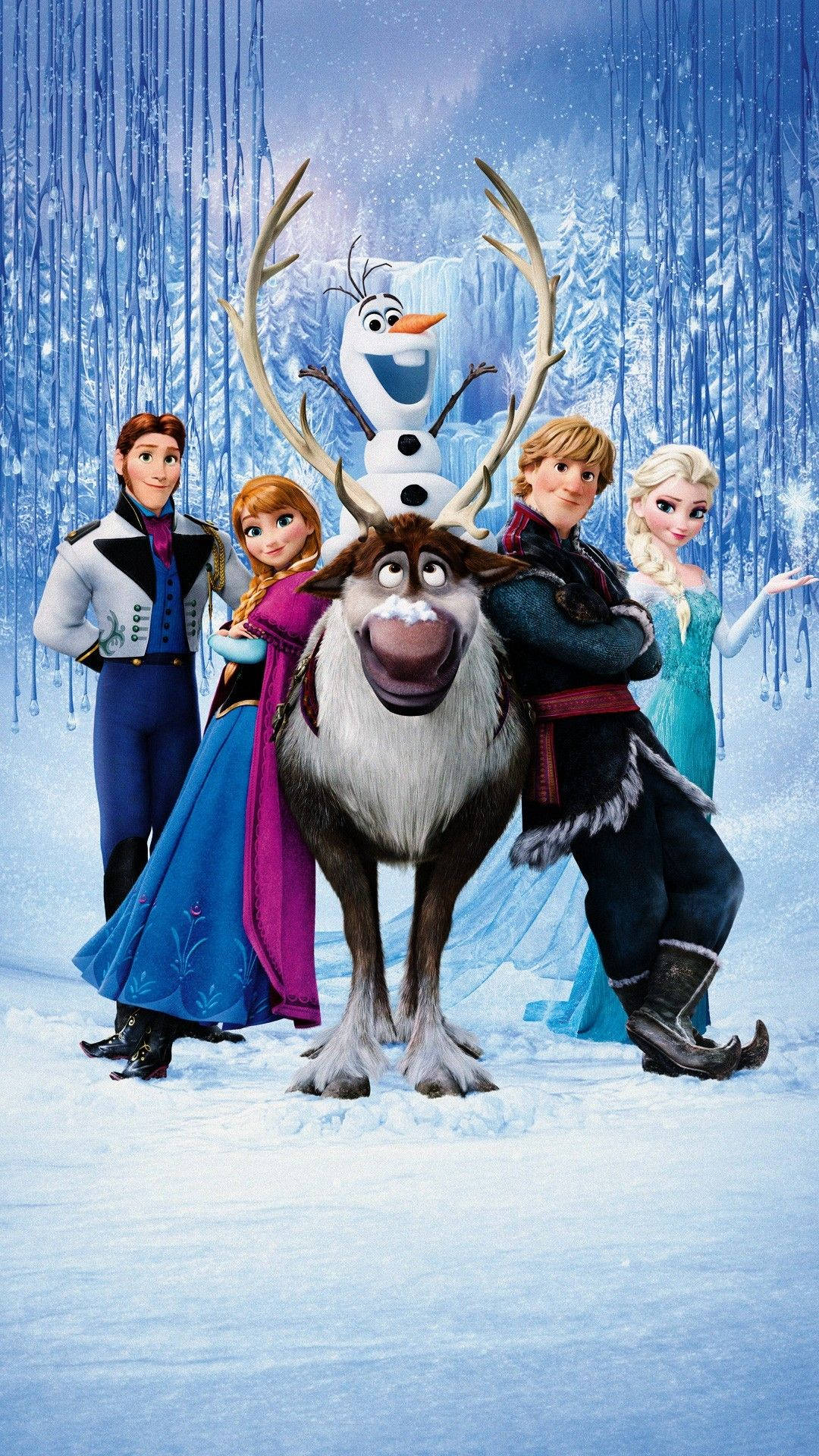 冰雪奇緣 桌布 壁紙 — 冰雪奇緣角色們站在雪地森林中，樹上掛著冰柱，藍天之下。