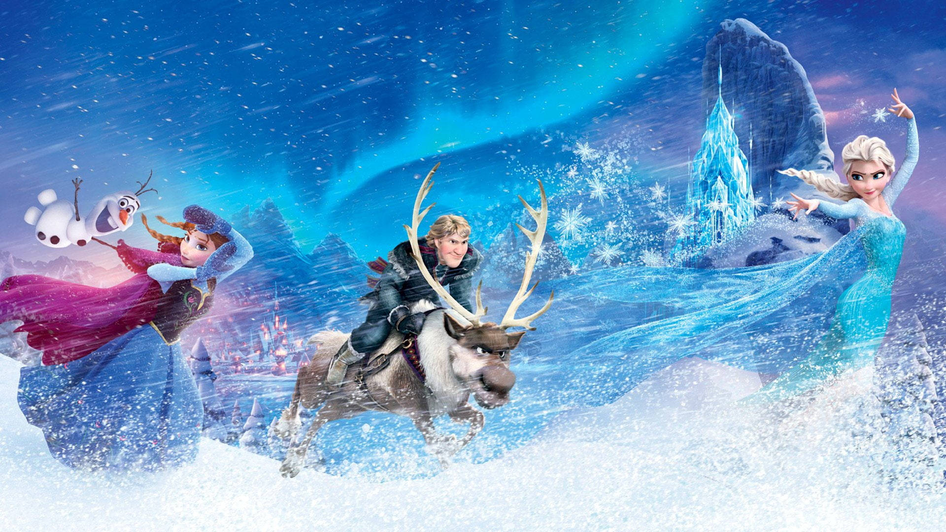 Frozen Elsa 桌布 壁紙 — 冰雪奇緣角色在雪景中奔馳，艾莎指揮冰魔法，斯文在充滿活力的極光天空下奔騰向前。
