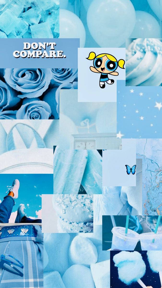 Aesthetic Baby Blue 桌布 壁紙 — 冷色調的藍色主題拼貼畫，包括玫瑰、氣球、棉花糖和飛天小女警角色。