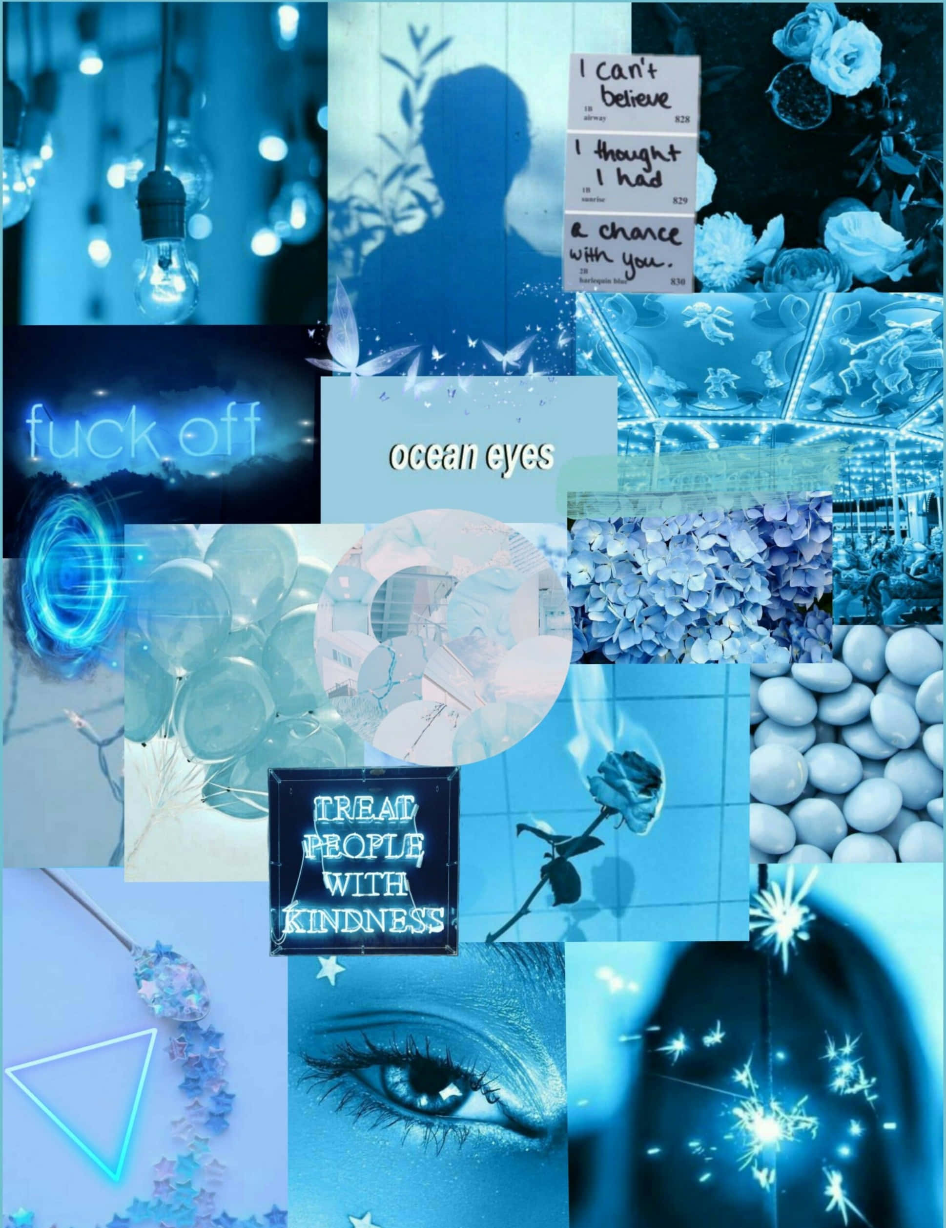 Aesthetic Blue Collage 桌布 壁紙 — 冷色調的藍色拼貼畫，特色是發光的燈光、玫瑰、手寫筆記和一個特寫的眼睛，喚起憂鬱的內省。