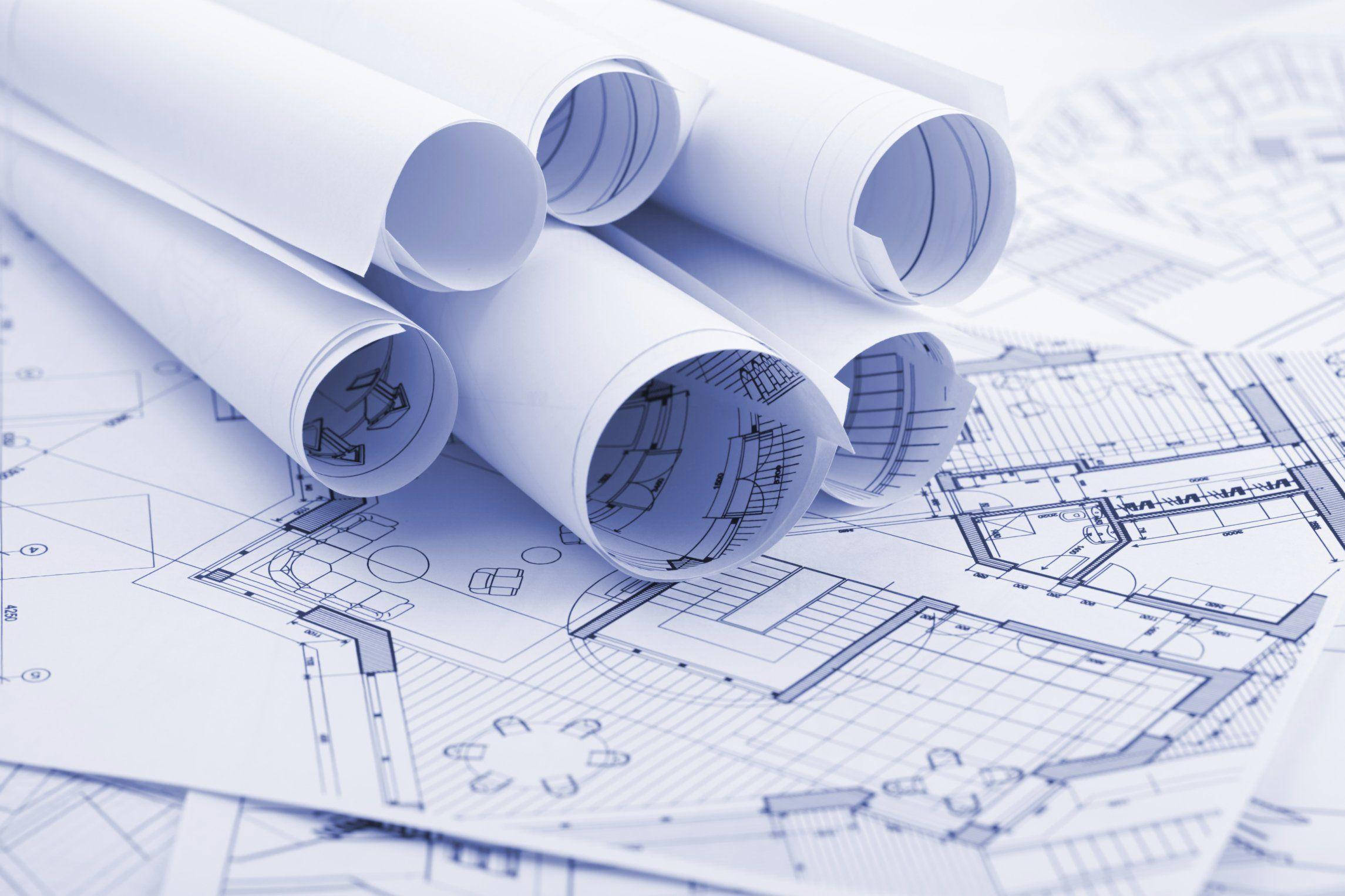 construction 桌布 壁紙 — 冷色調藍色中滾動和平坦的建築藍圖，以精確的技術線條詳細說明建築計劃。