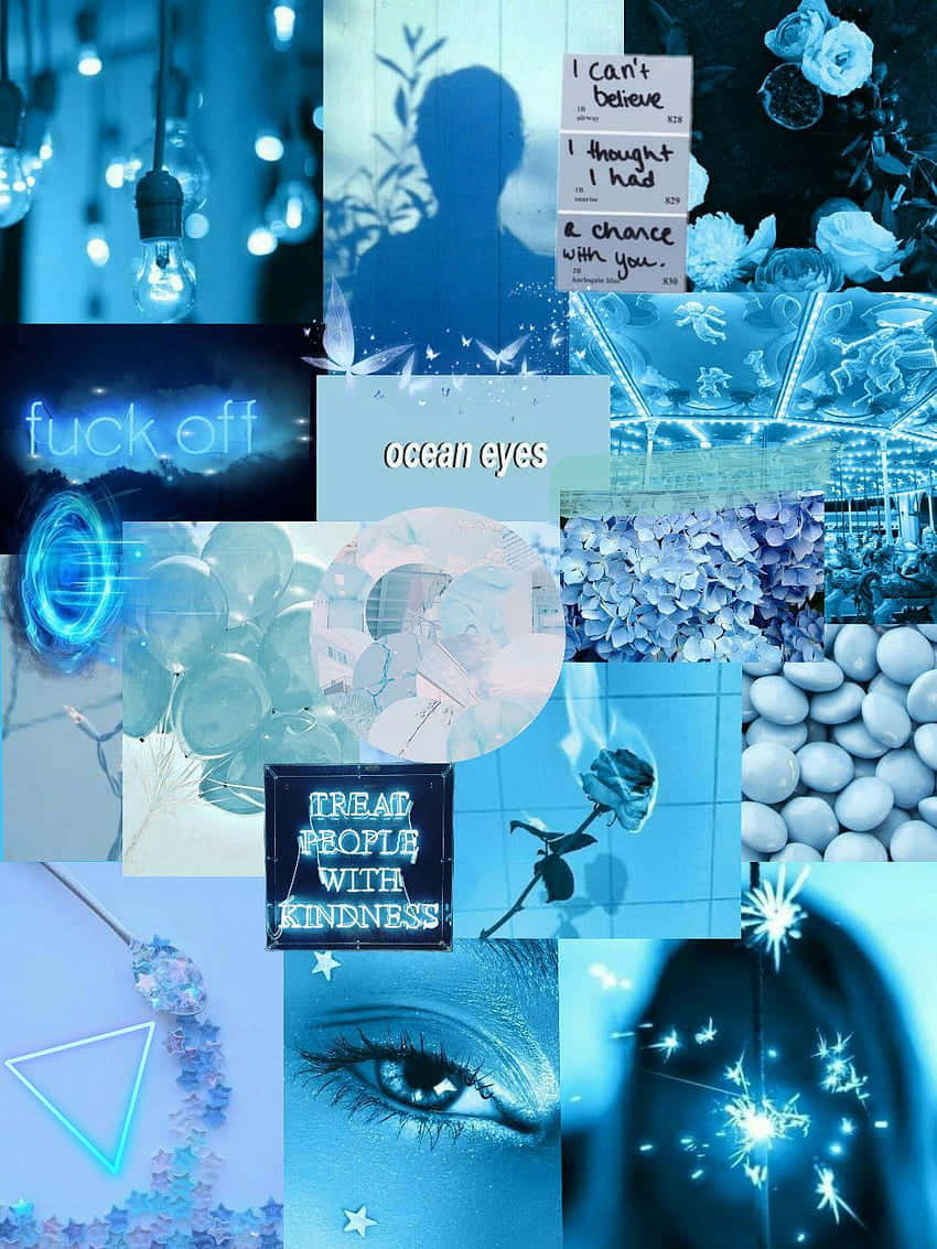 Pastel Blue Aesthetic Tumblr 桌布 壁紙 — 冷色調藍色拼貼畫，帶有發光的燈光、玫瑰、文字碎片和抽象元素，呈現夢幻美感。