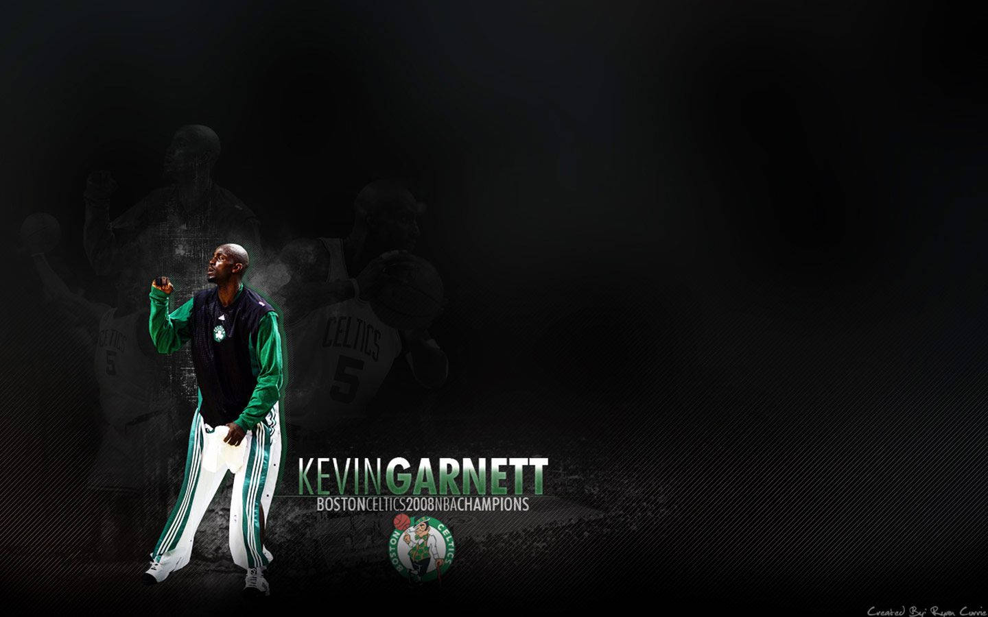 Kevin Garnett 桌布 壁紙 — 凱文·加內特身穿綠色和白色的塞爾提克裝備，自信地站在深色背景前，帶有褪色的動作剪影和冠軍文字。