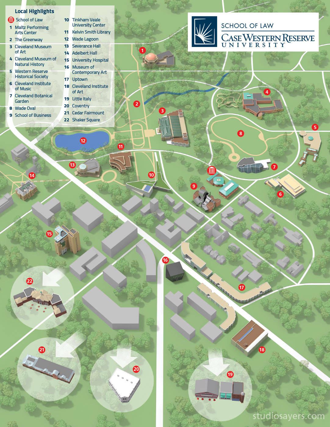 Map 桌布 壁紙 — 凱斯西儲大學的3D渲染校園地圖，顯示帶有標籤的建築物和路徑，以及綠色草坪和樹木。