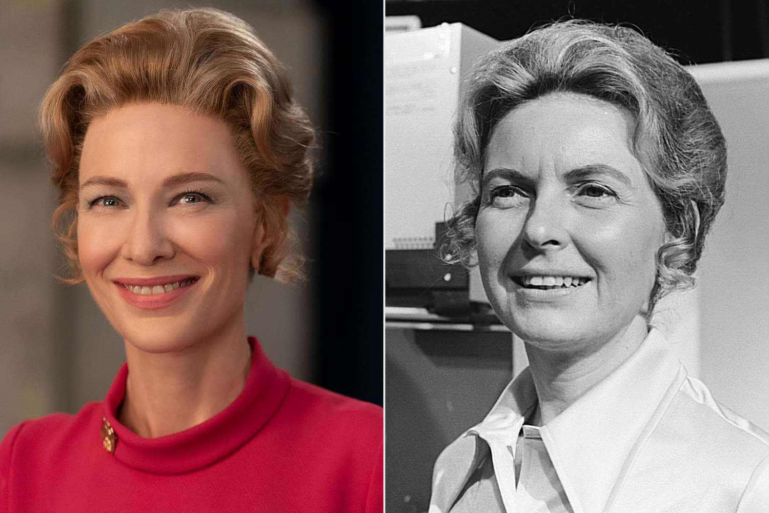 Cate Blanchett 桌布 壁紙 — 凱特布蘭琪的雙重肖像，一邊是身穿紅色高領毛衣的女性，旁邊是黑白照片中一位微笑穿白色襯衫的女性。