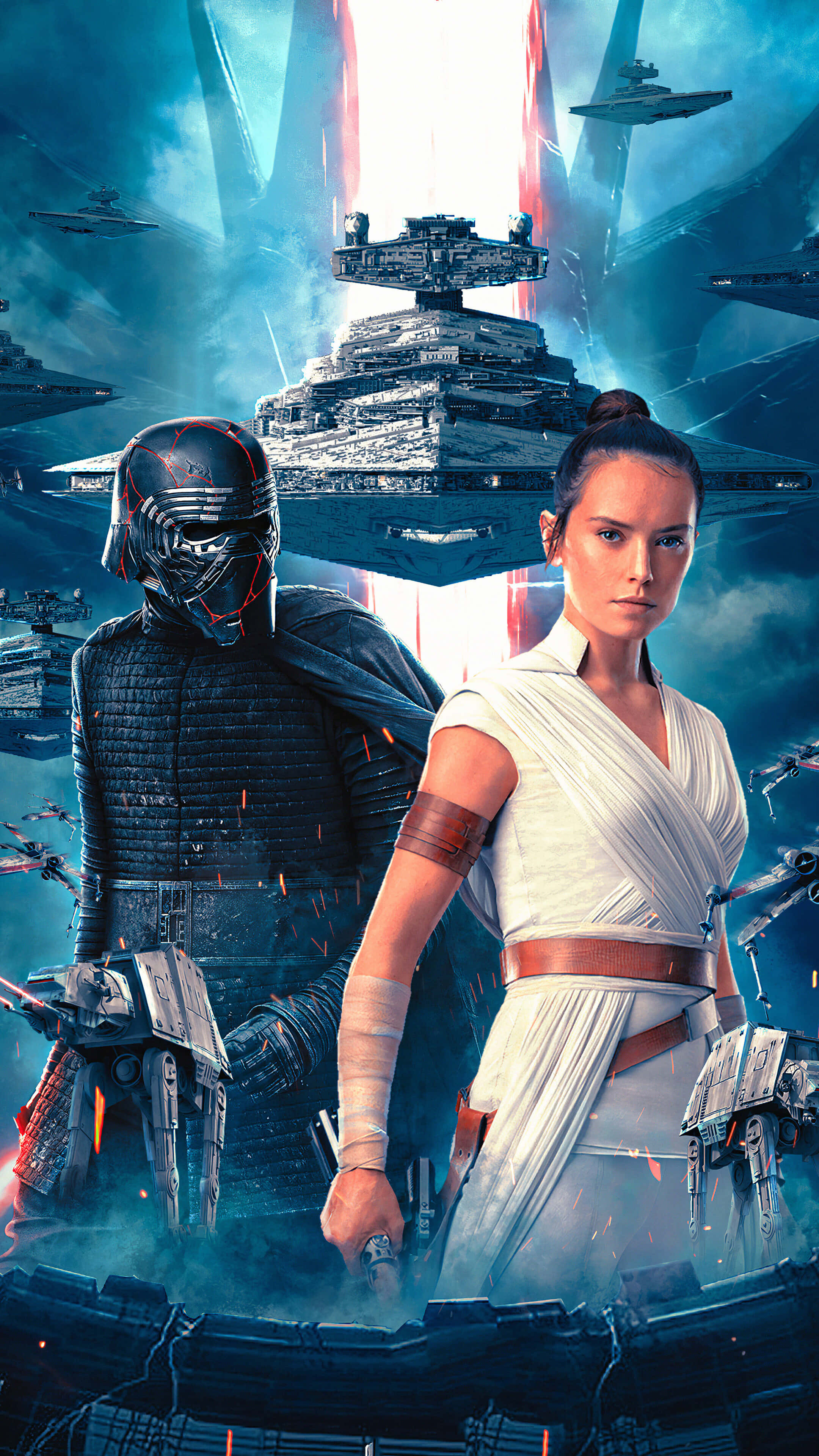 Rey Star Wars 桌布 壁紙 — 凱羅·忍和芮在閃耀的藍天下，傲然站立在星艦和爆炸的戰場中。