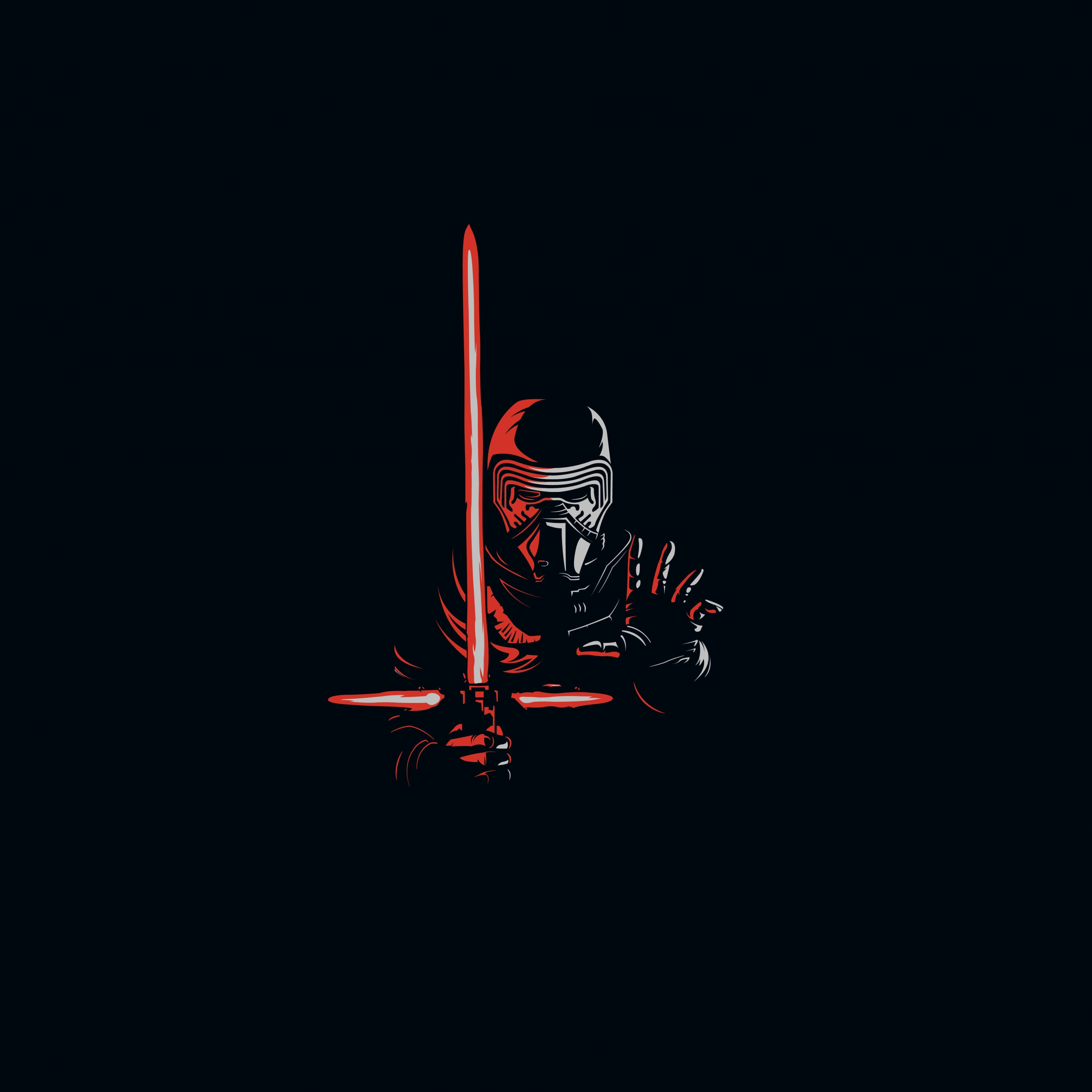 Star Wars iPad 桌布 壁紙 — 凱羅·忍在深黑色背景下手持發光紅色光劍的鮮明剪影。