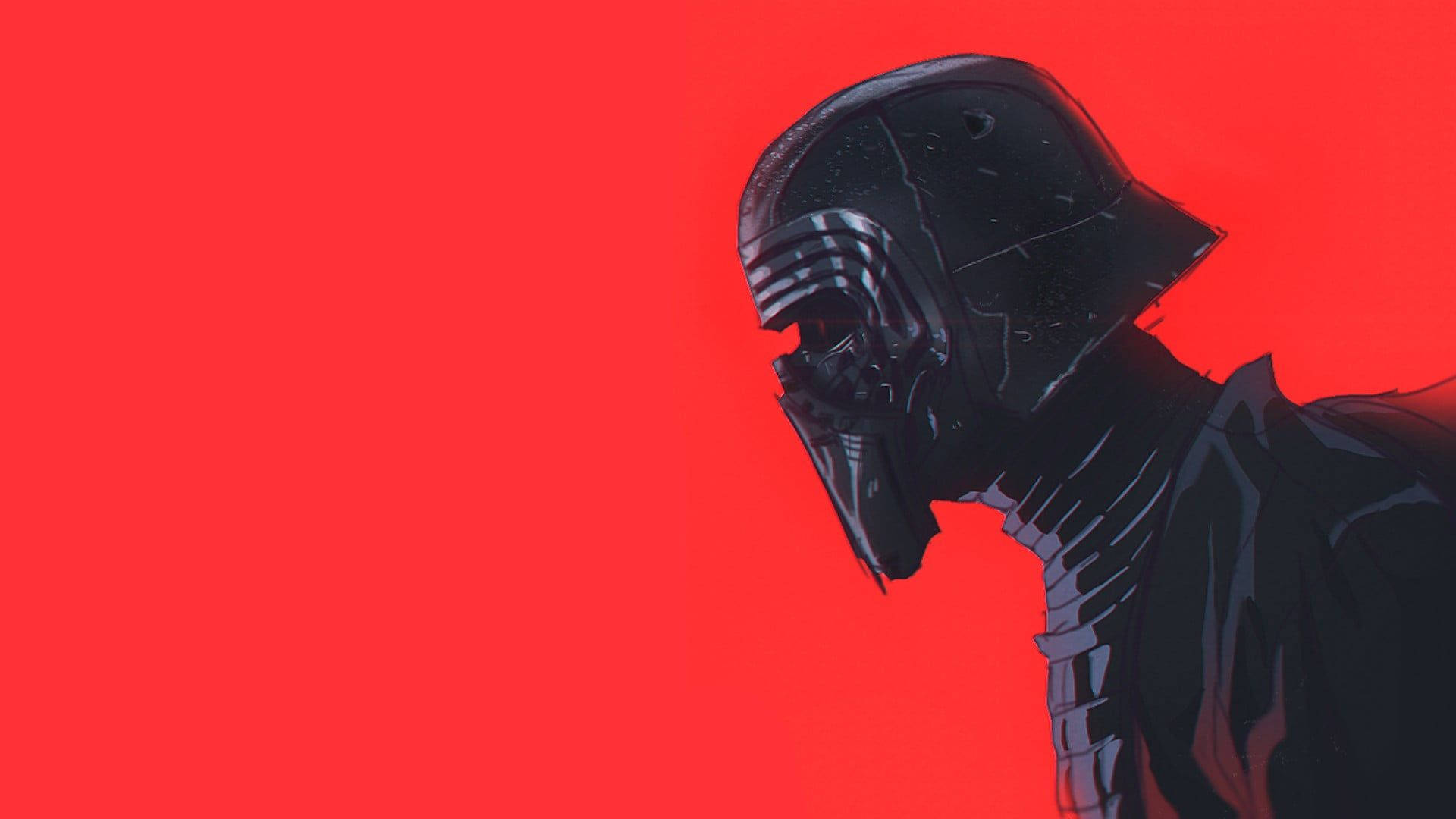 Kylo Ren 桌布 壁紙 — 凱羅·忍戴著黑色頭盔，在鮮紅色背景上的威脅性剪影。
