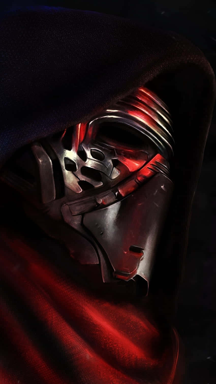 Star Wars Profile 桌布 壁紙 — 凱羅·忍的頭盔在黑暗兜帽下發出紅光的威脅性特寫。