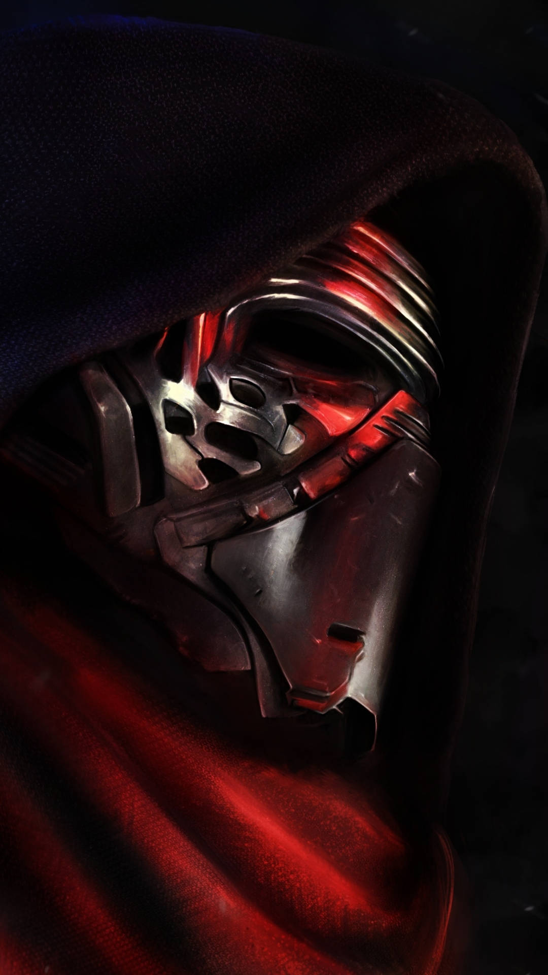 star wars iPhone 6 plus 桌布 壁紙 — 凱羅·忍的頭盔在黑色兜帽下發出紅光的威脅性特寫。